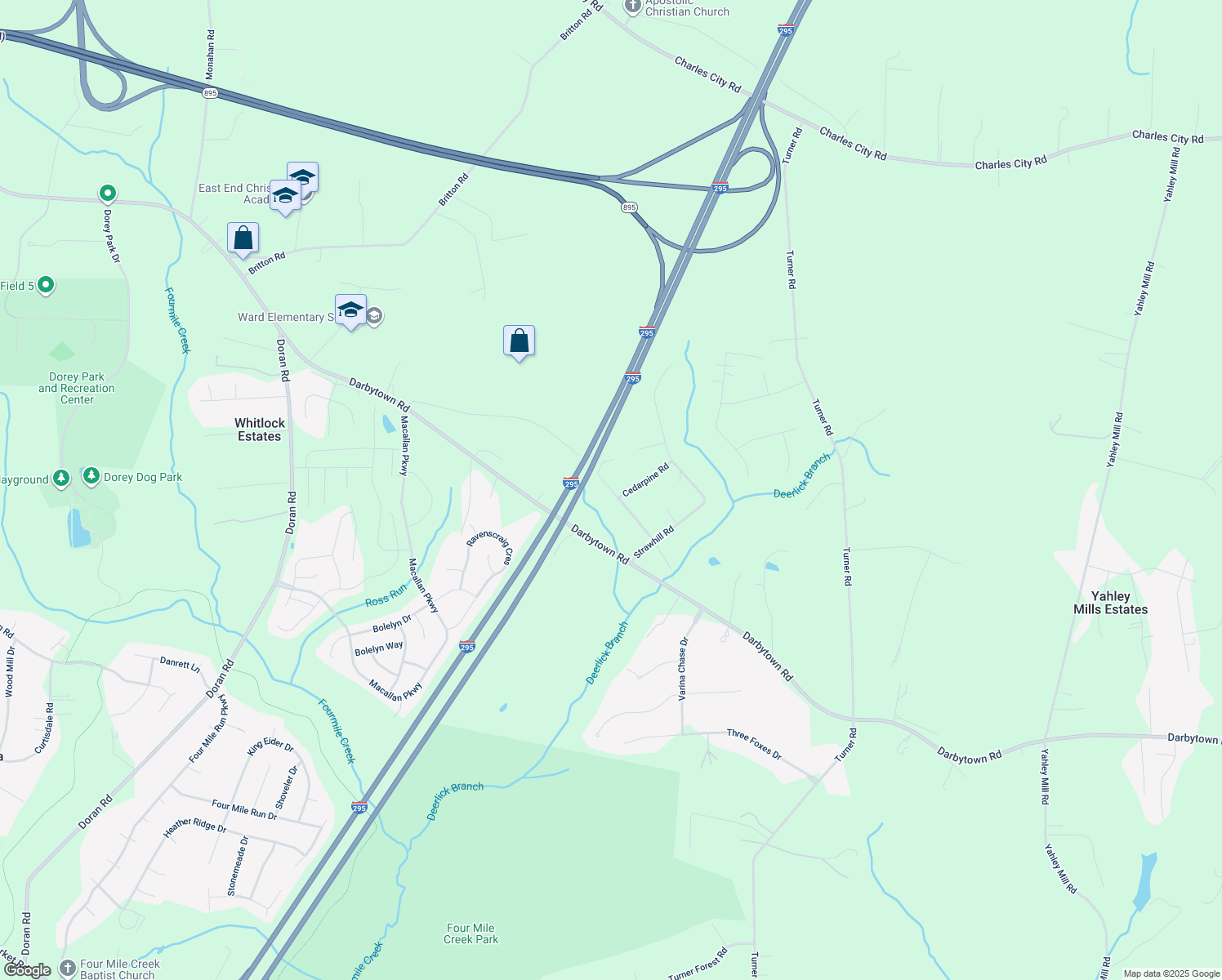 map of restaurants, bars, coffee shops, grocery stores, and more near 3755 Darbytown Place in Henrico