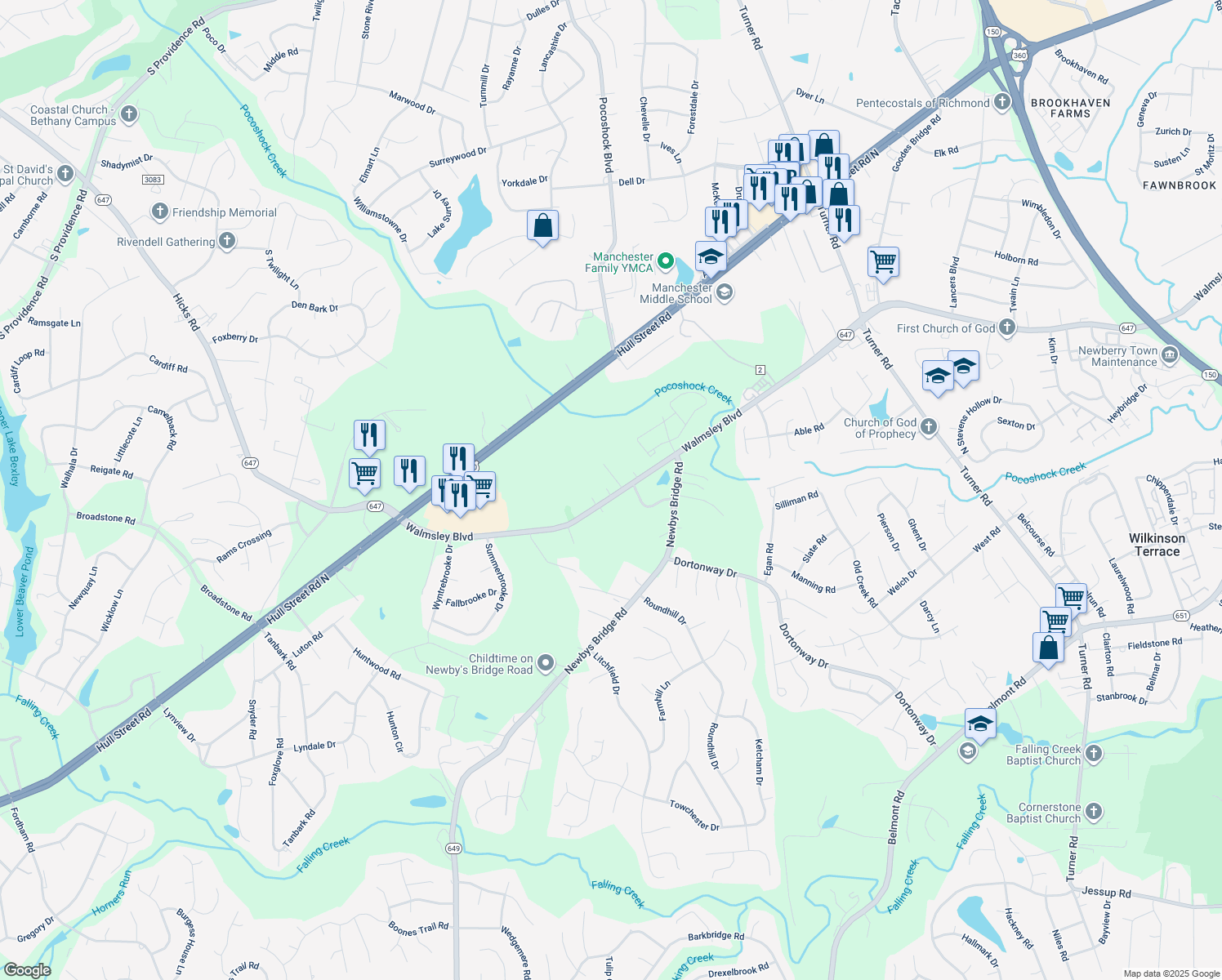 map of restaurants, bars, coffee shops, grocery stores, and more near 7710 Walmsley Boulevard in Richmond