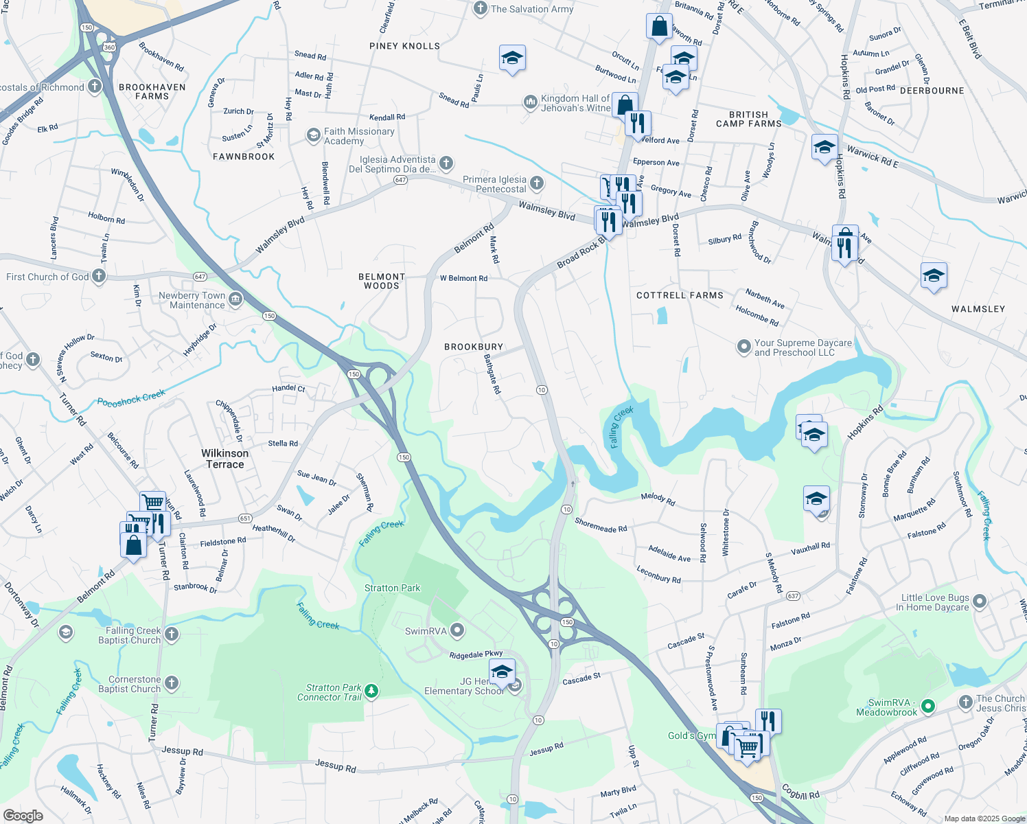 map of restaurants, bars, coffee shops, grocery stores, and more near 4111 Bathgate Road in Richmond