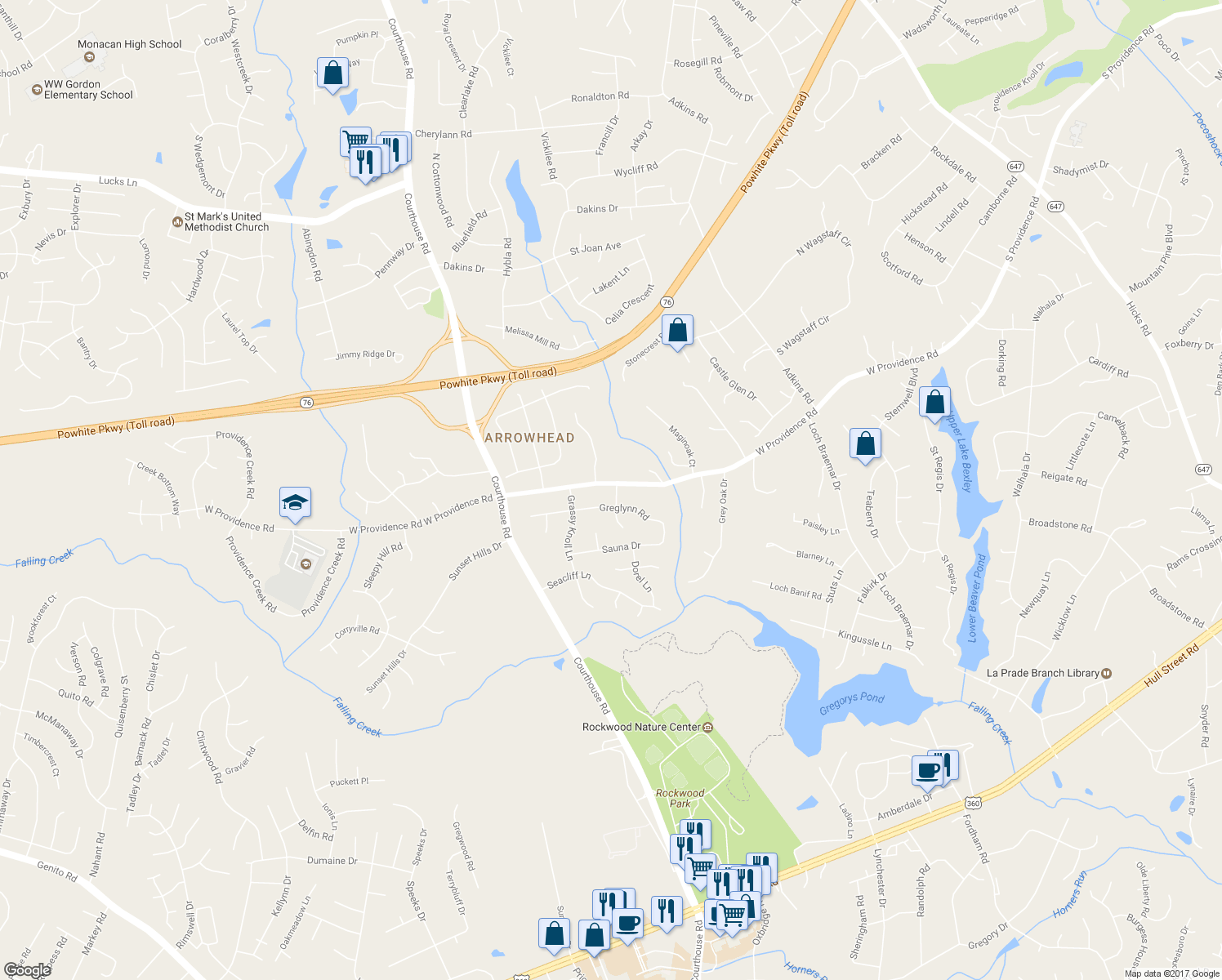 map of restaurants, bars, coffee shops, grocery stores, and more near 10331 West Providence Road in Richmond
