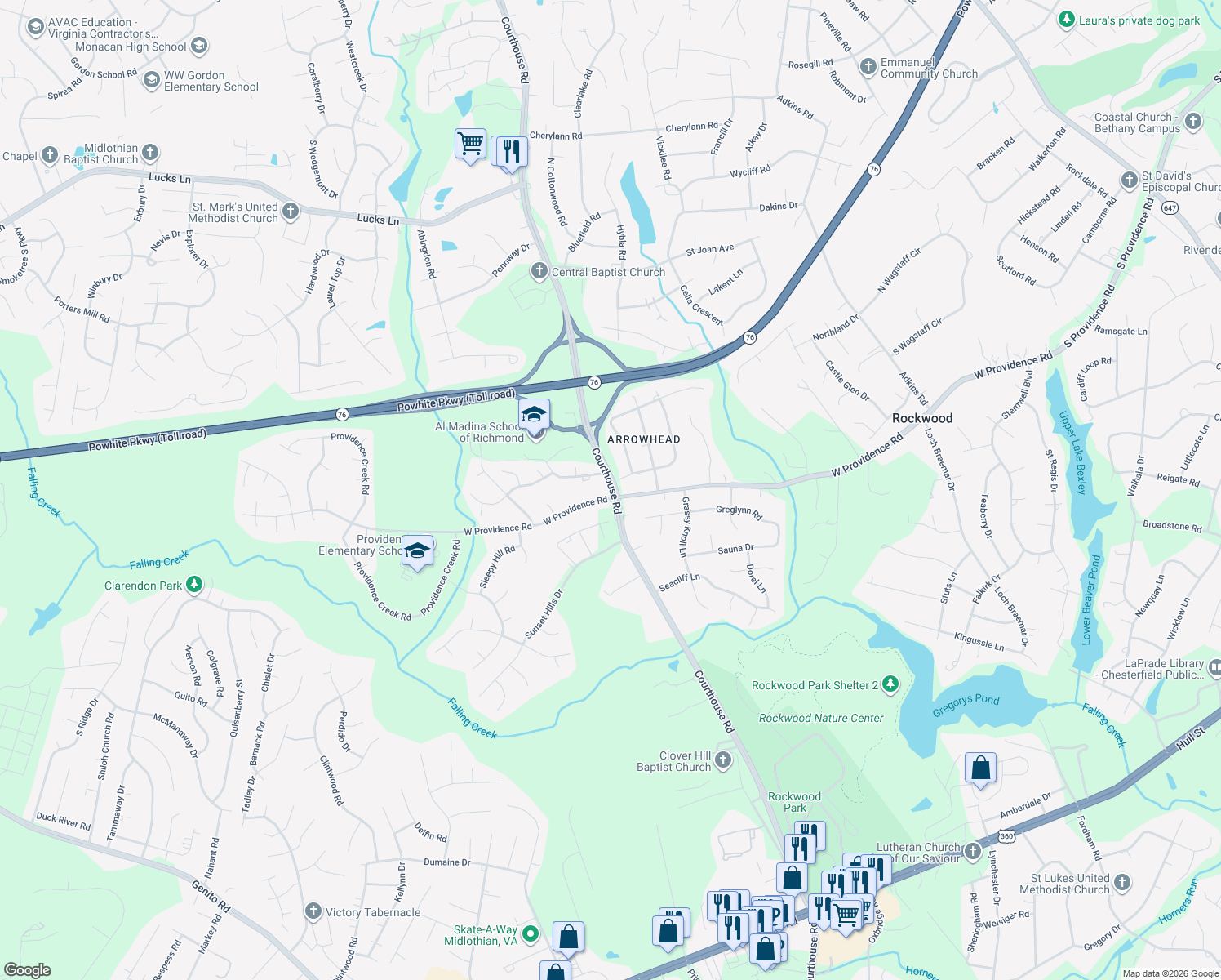 map of restaurants, bars, coffee shops, grocery stores, and more near 10600 West Providence Road in Richmond
