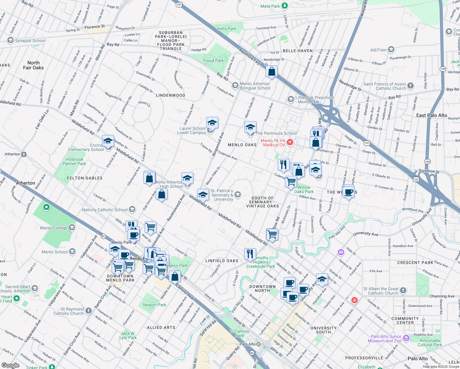 map of restaurants, bars, coffee shops, grocery stores, and more near 135 Seminary Dr in Menlo Park