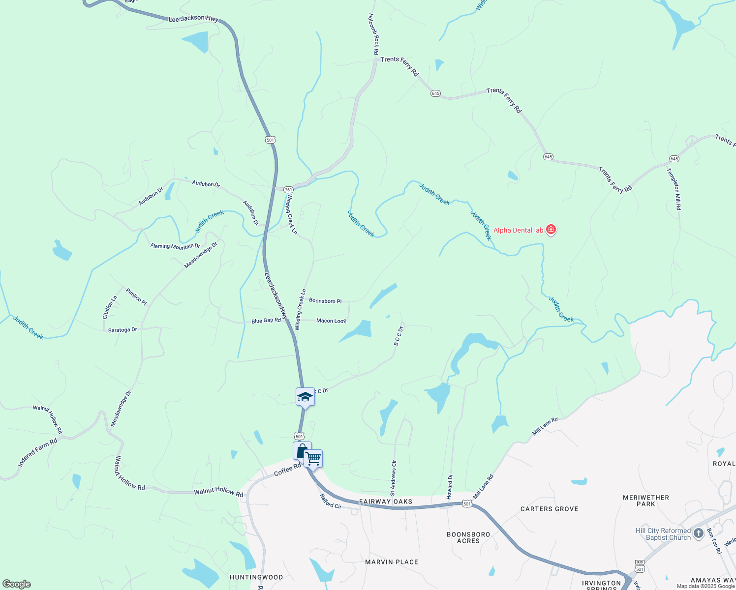 map of restaurants, bars, coffee shops, grocery stores, and more near 1132 Boonsboro Meadows Drive in Lynchburg