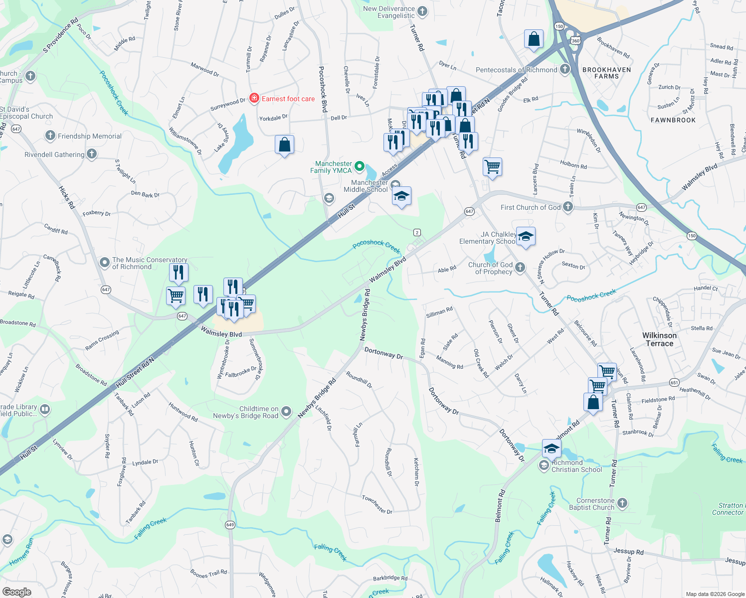 map of restaurants, bars, coffee shops, grocery stores, and more near 7415 Newbys Ct in Chesterfield