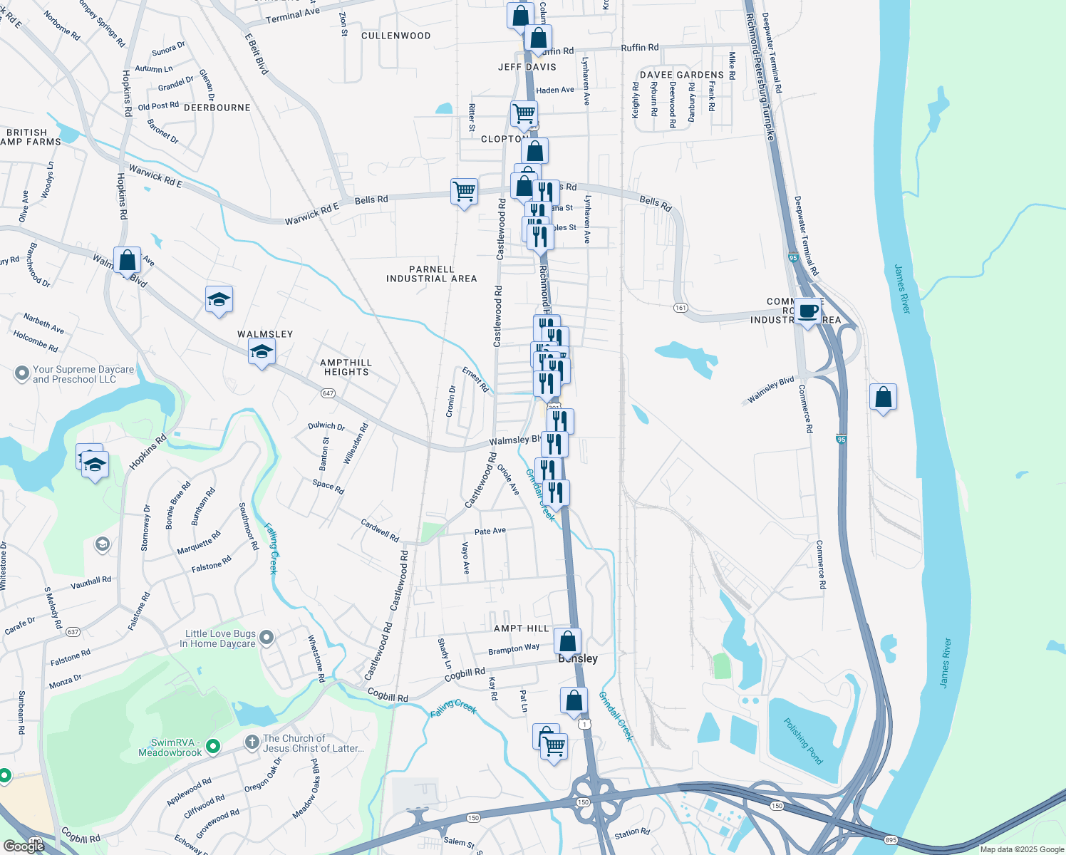 map of restaurants, bars, coffee shops, grocery stores, and more near 4716 Lindlaw Avenue in Richmond