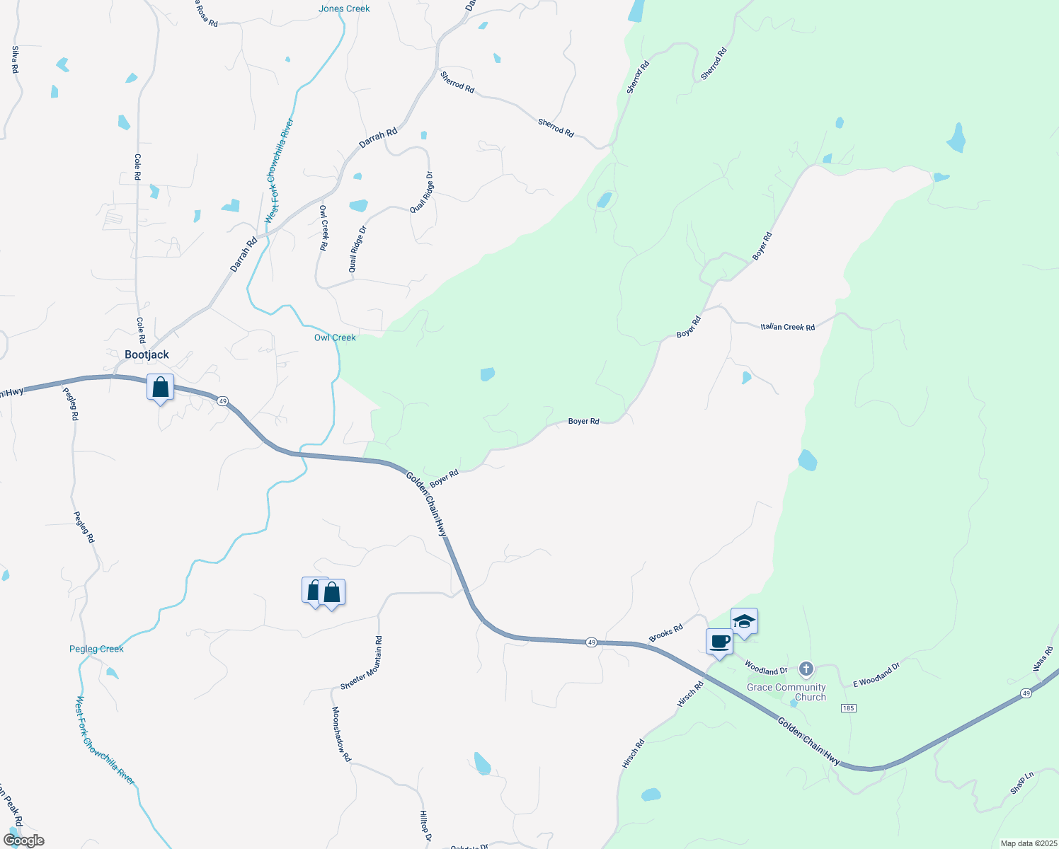map of restaurants, bars, coffee shops, grocery stores, and more near 5085 Boyer Road in Mariposa