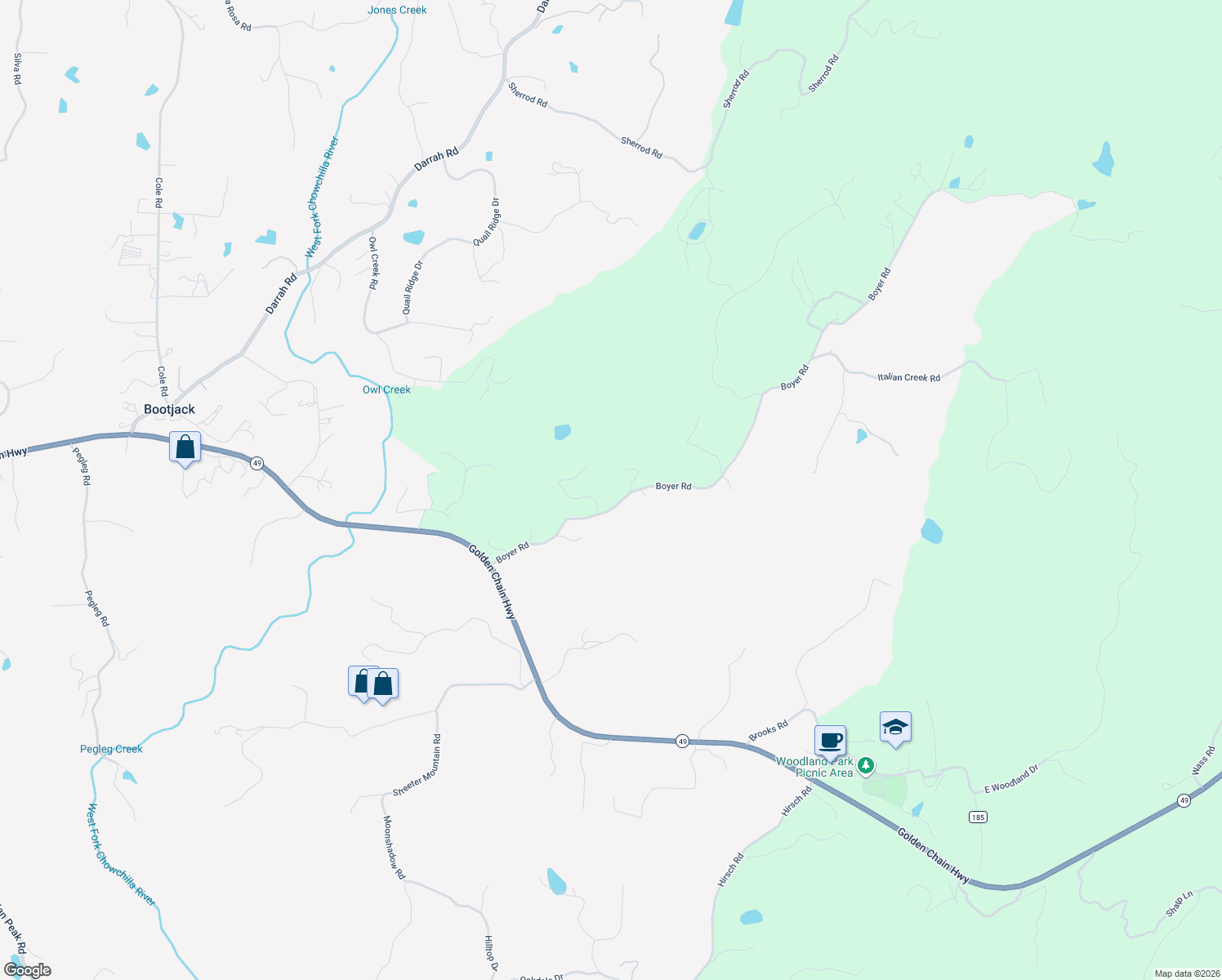 map of restaurants, bars, coffee shops, grocery stores, and more near 5085 Boyer Road in Mariposa