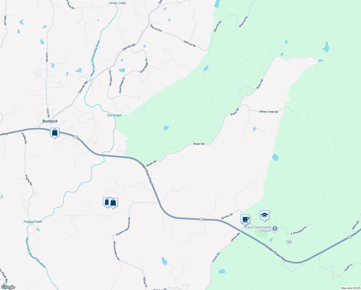 map of restaurants, bars, coffee shops, grocery stores, and more near 5085 Boyer Road in Mariposa