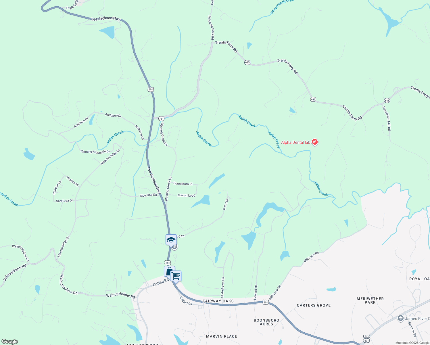 map of restaurants, bars, coffee shops, grocery stores, and more near 1414 Boonsboro Place in Lynchburg