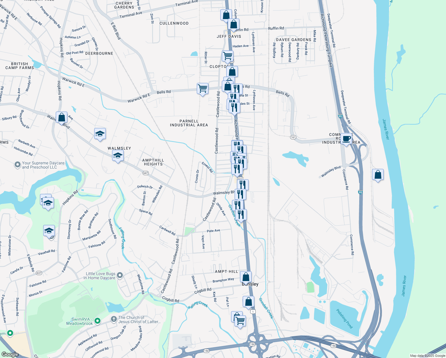 map of restaurants, bars, coffee shops, grocery stores, and more near 2708 Calverton Street in Richmond