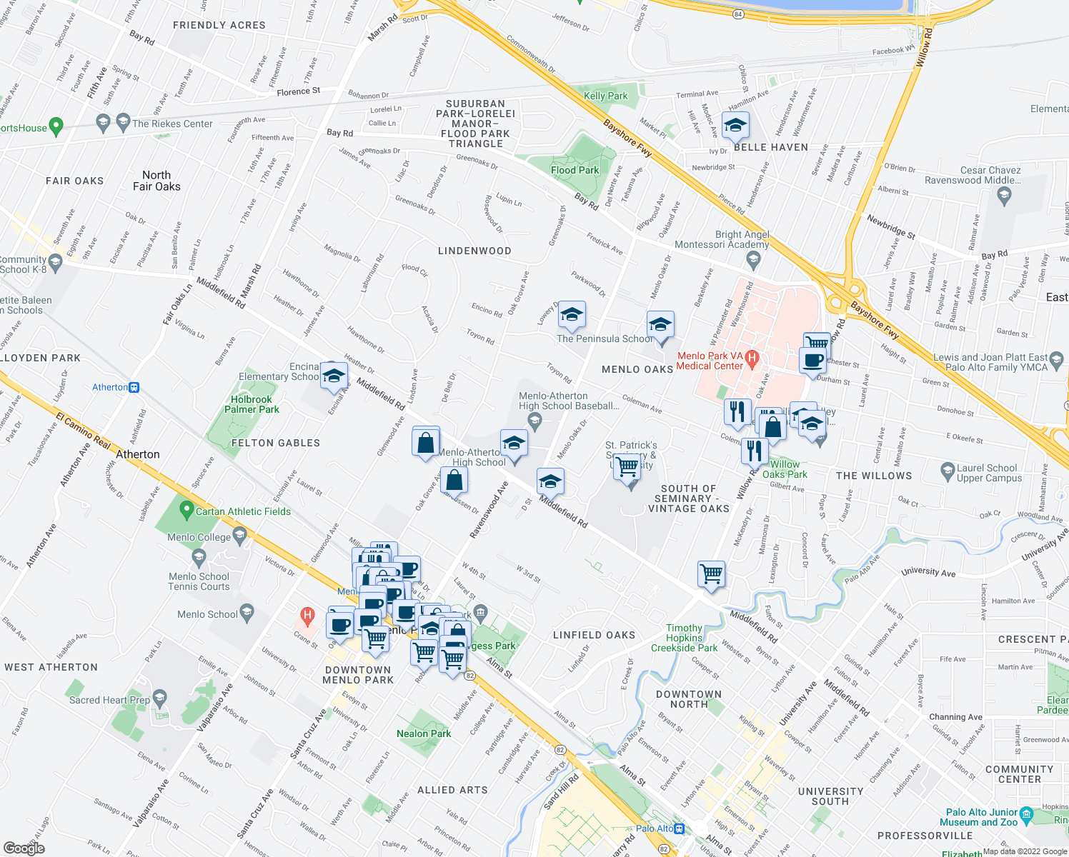 map of restaurants, bars, coffee shops, grocery stores, and more near 555 Middlefield Road in Menlo Park