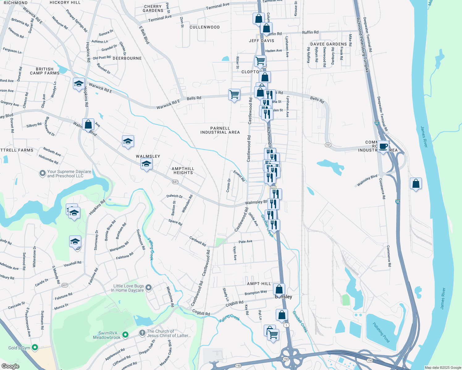 map of restaurants, bars, coffee shops, grocery stores, and more near 4720 Cronin Drive in Richmond
