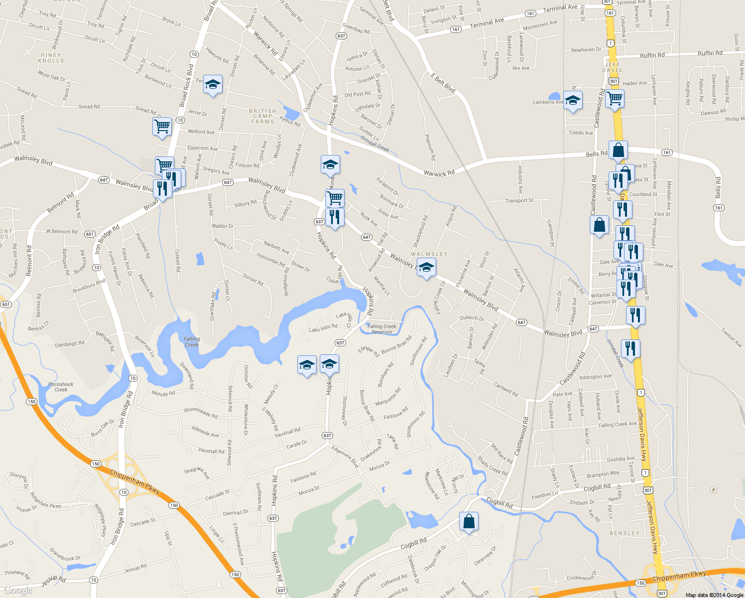 map of restaurants, bars, coffee shops, grocery stores, and more near 4401 Hopkins Road in Richmond