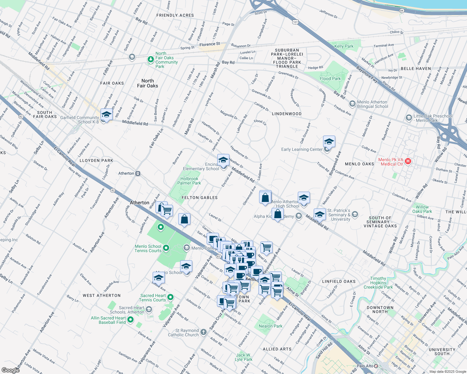 map of restaurants, bars, coffee shops, grocery stores, and more near 176 Encinal Avenue in Atherton
