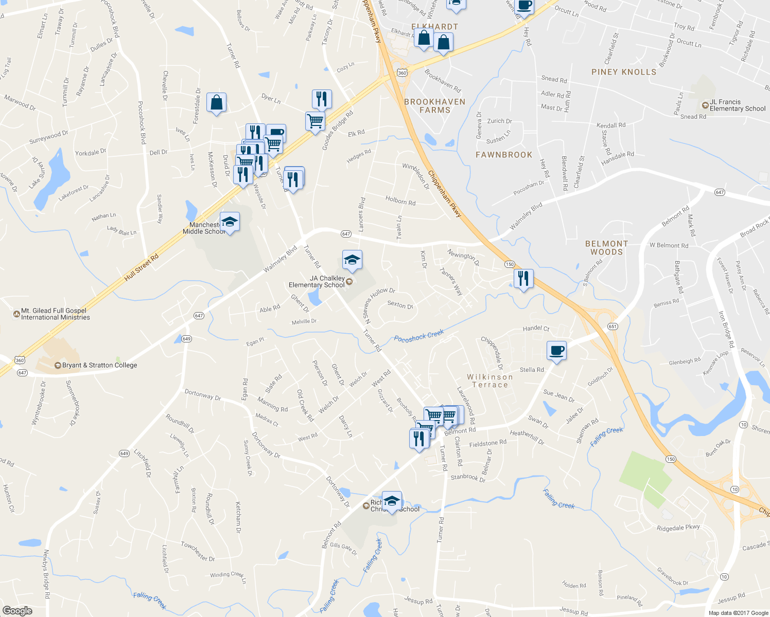 map of restaurants, bars, coffee shops, grocery stores, and more near 6529 Sexton Drive in Chesterfield