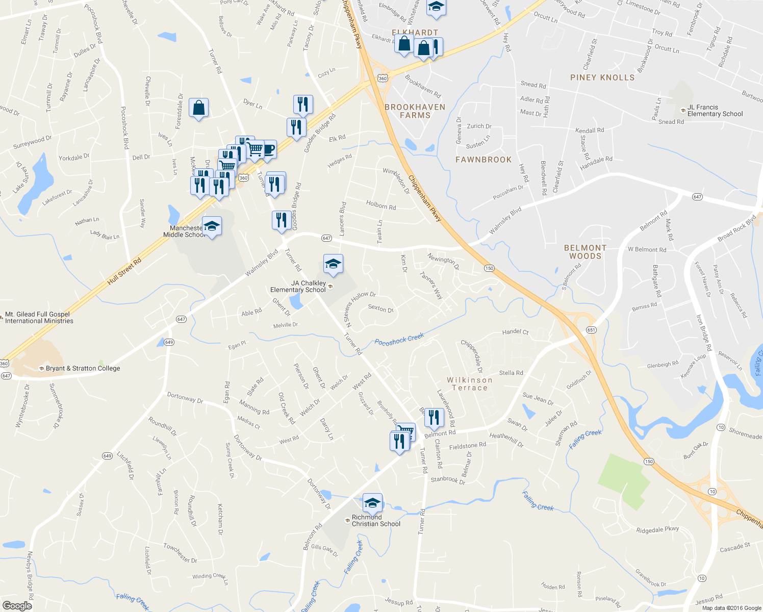 map of restaurants, bars, coffee shops, grocery stores, and more near 6512 Sexton Drive in Chesterfield