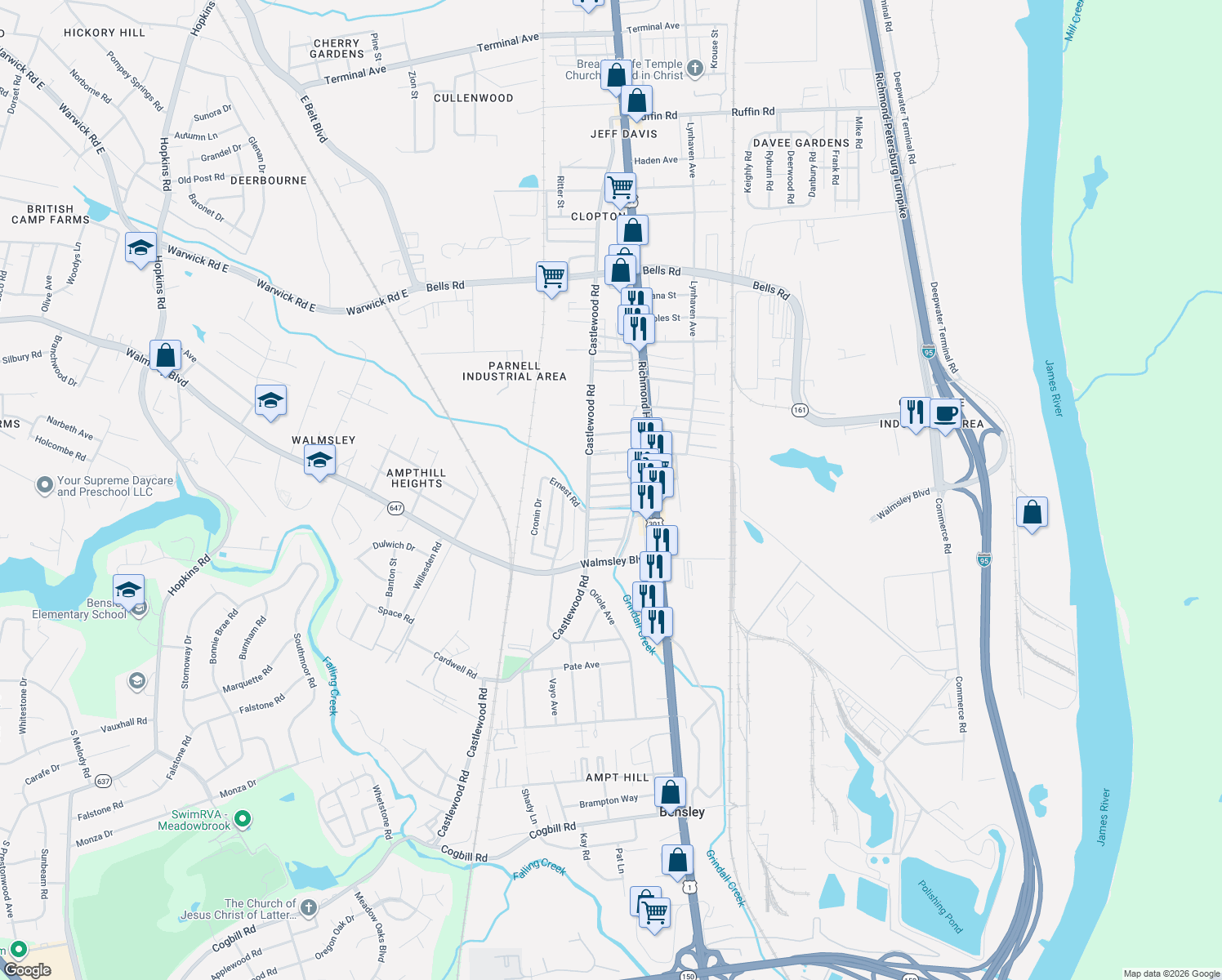 map of restaurants, bars, coffee shops, grocery stores, and more near 2709 Willamar St in Richmond