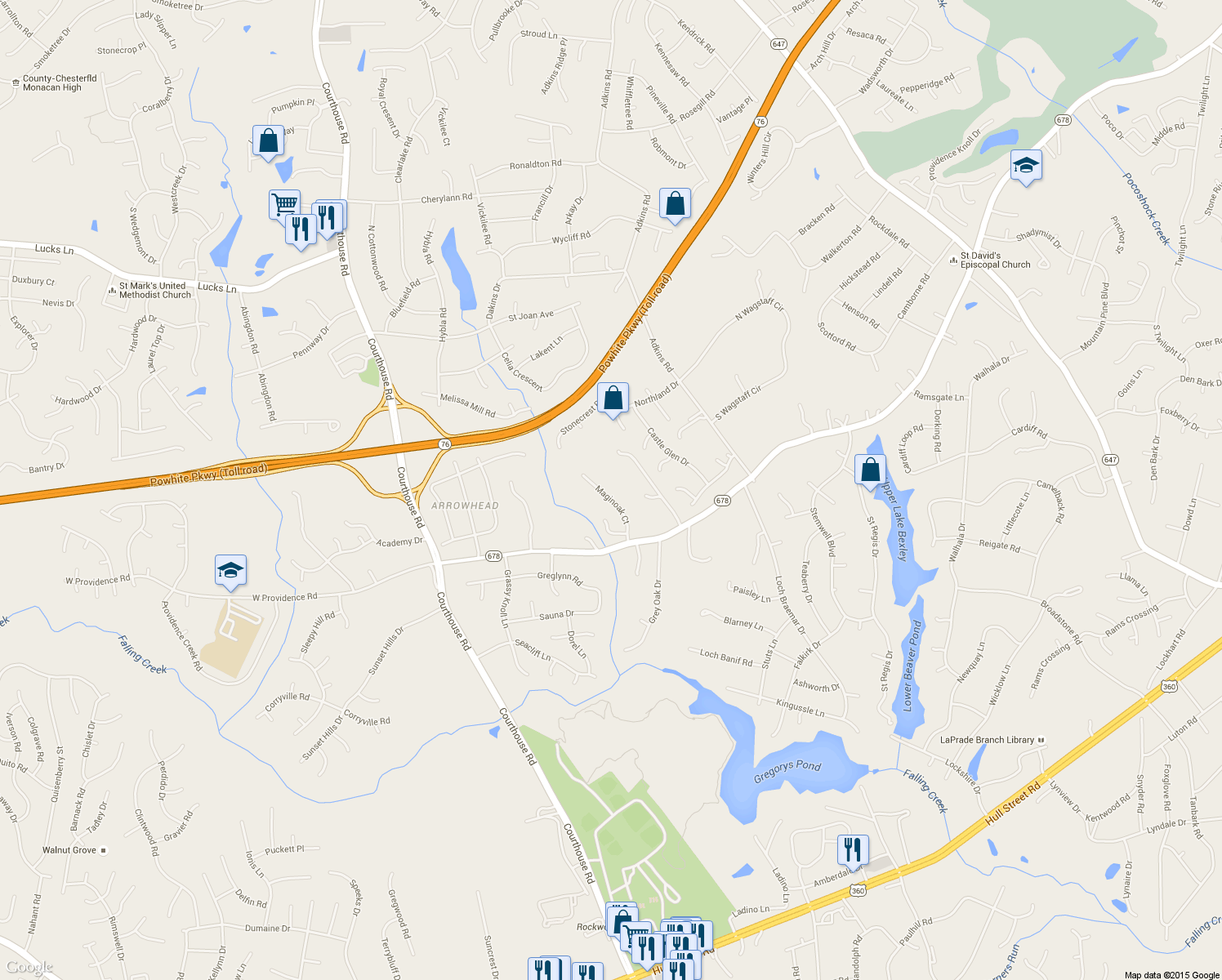map of restaurants, bars, coffee shops, grocery stores, and more near 2037 Maginoak Court in North Chesterfield