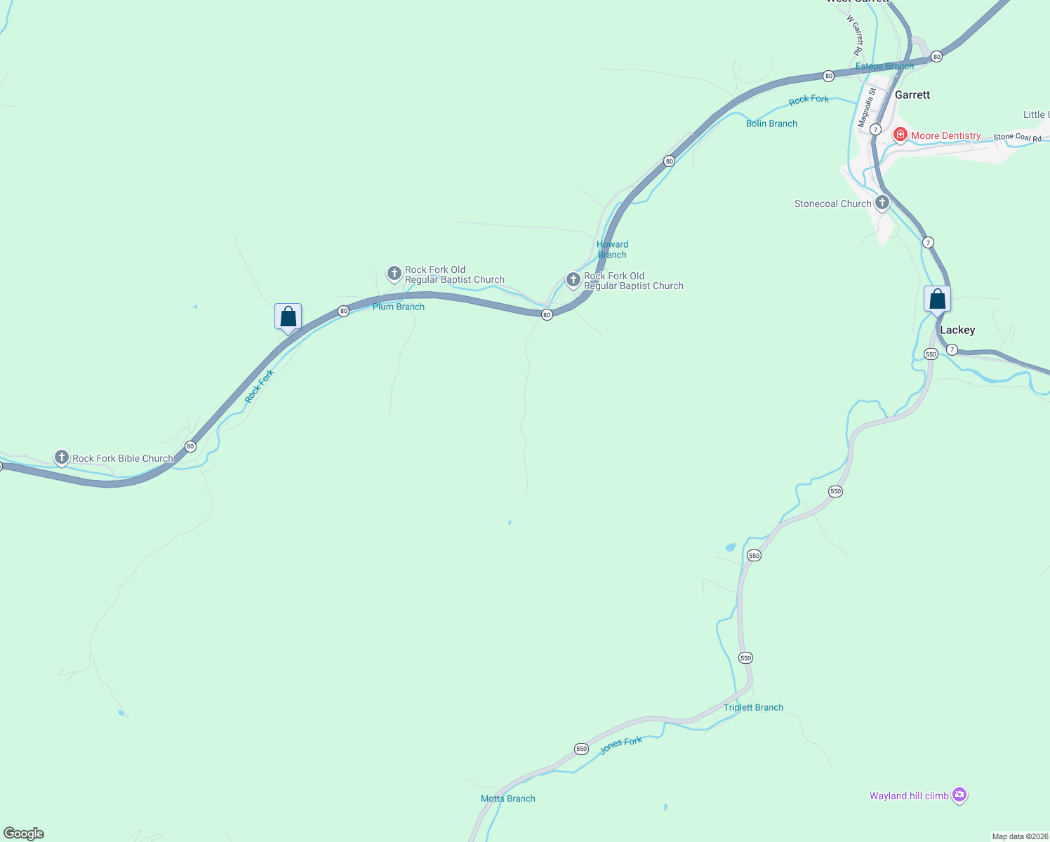 map of restaurants, bars, coffee shops, grocery stores, and more near 359 Hunter Branch Road in Garrett
