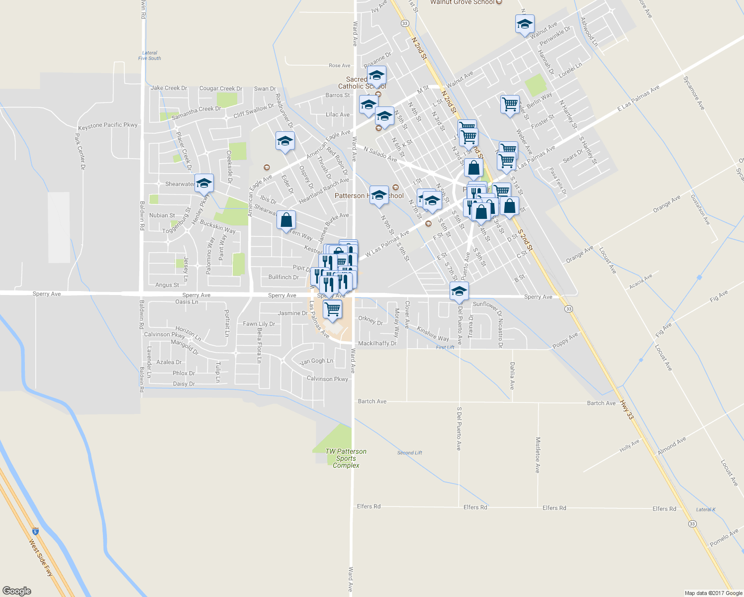 map of restaurants, bars, coffee shops, grocery stores, and more near 505 Tuscany Court in Patterson