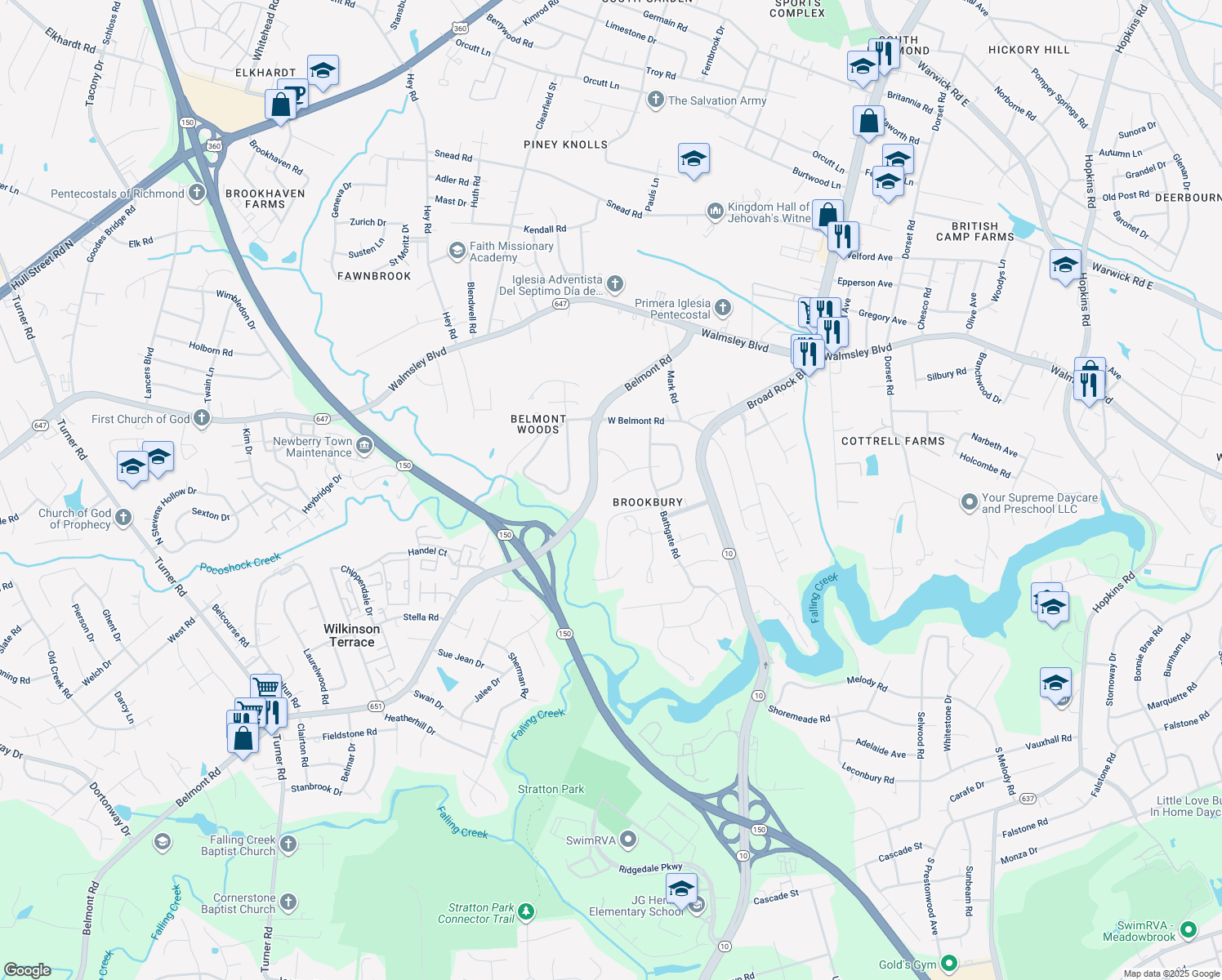 map of restaurants, bars, coffee shops, grocery stores, and more near 5225 Bonnington Road in Richmond