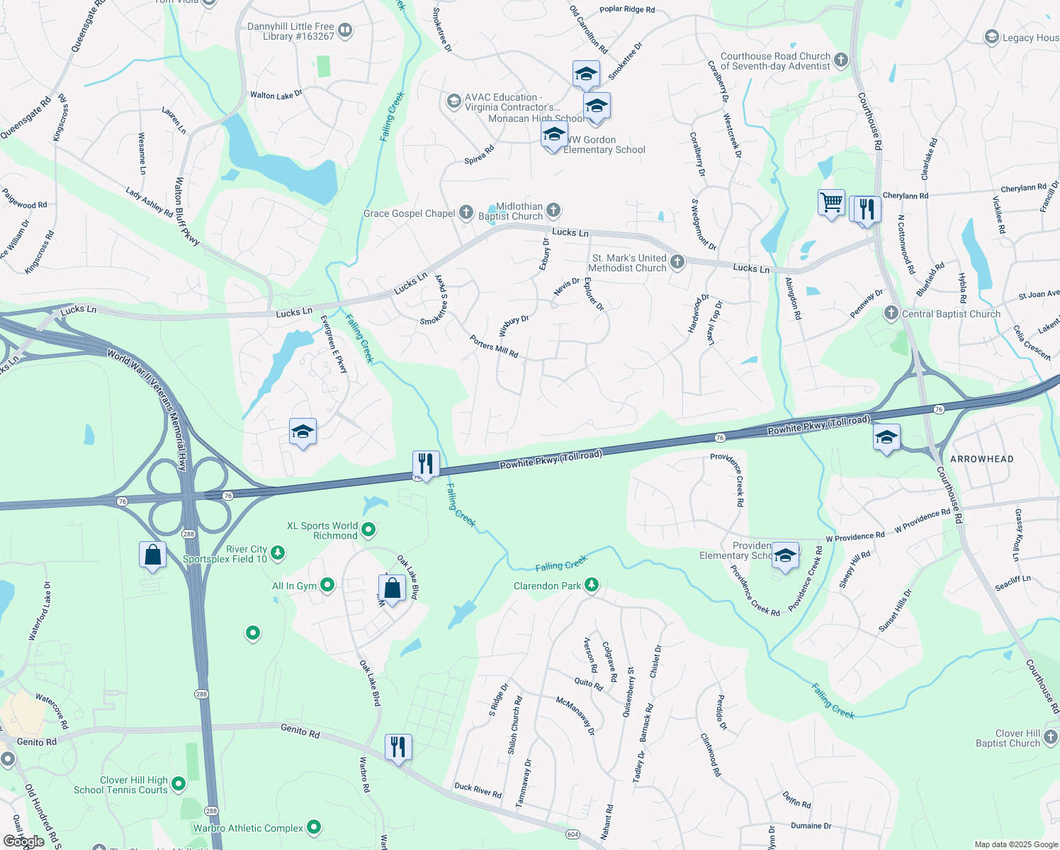 map of restaurants, bars, coffee shops, grocery stores, and more near 1966 Bantry Drive in Midlothian