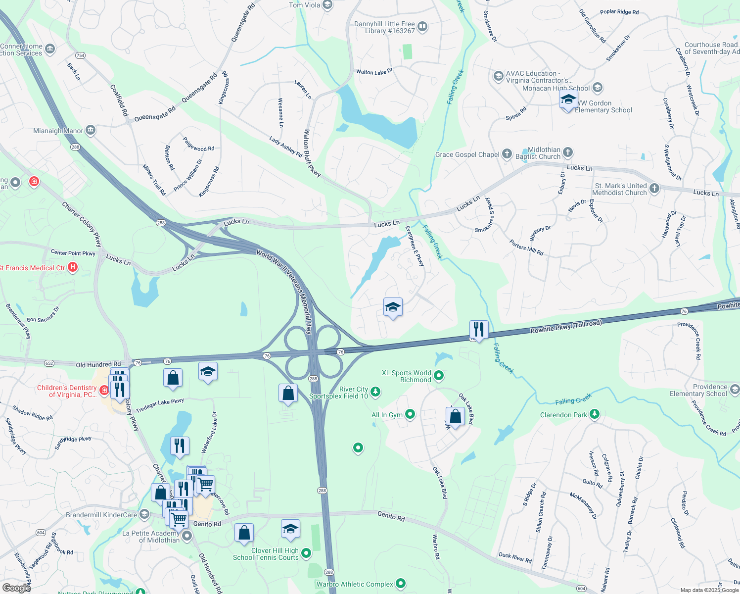 map of restaurants, bars, coffee shops, grocery stores, and more near 1605 Church Bay Road in Midlothian