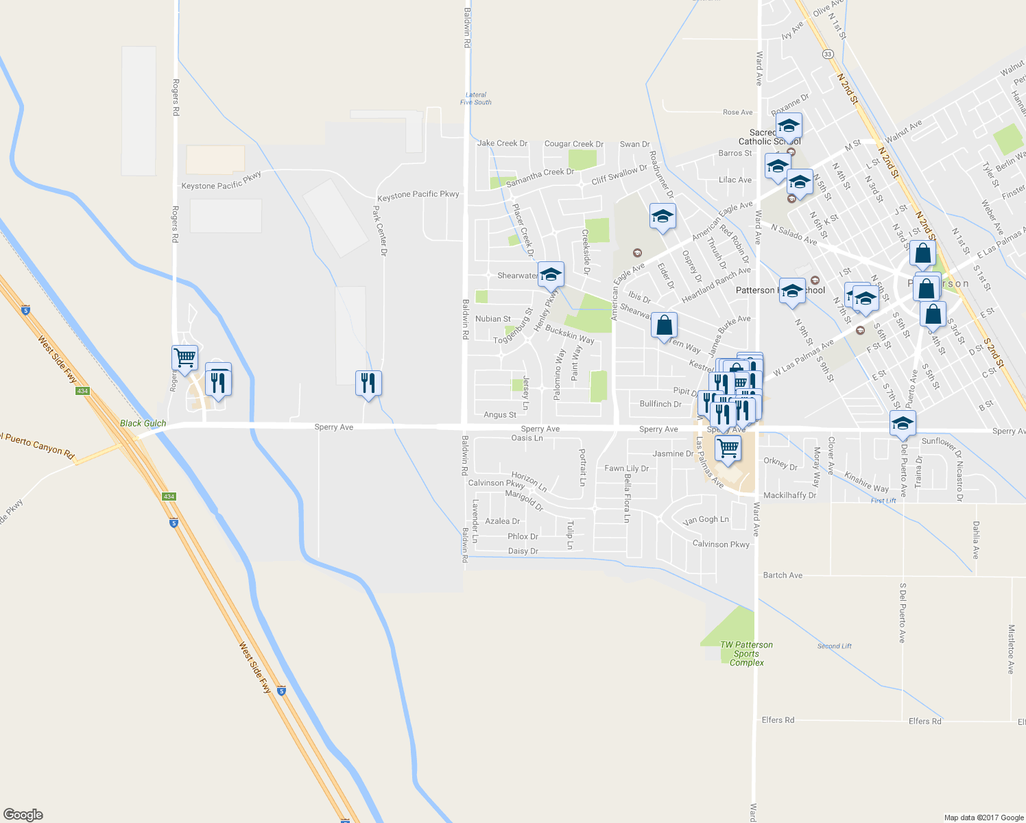 map of restaurants, bars, coffee shops, grocery stores, and more near 1413 Angus Street in Patterson