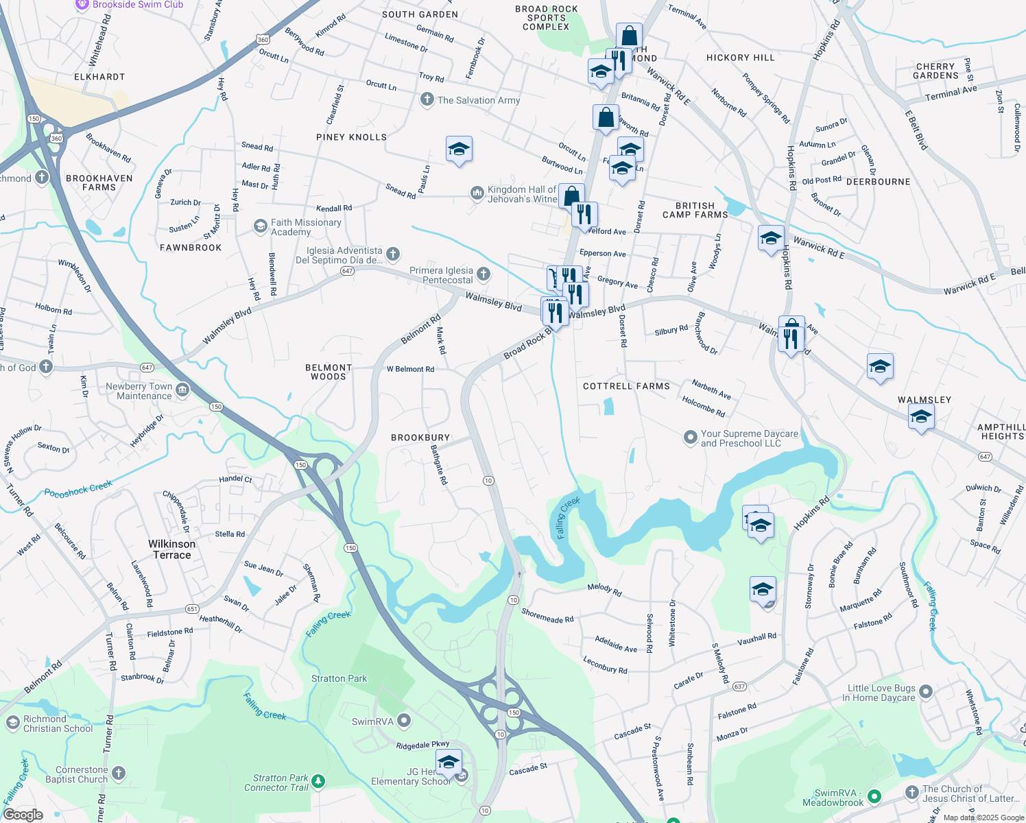 map of restaurants, bars, coffee shops, grocery stores, and more near 3637 Patsy Ann Drive in Richmond