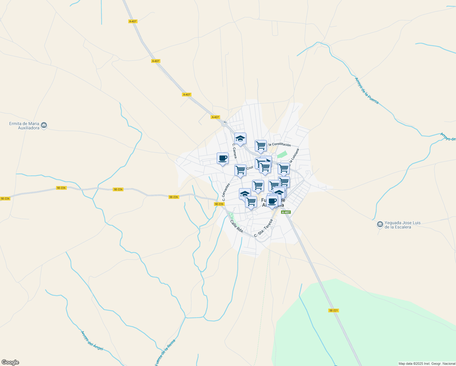 map of restaurants, bars, coffee shops, grocery stores, and more near 1c Calle Cervantes in Fuentes de Andalucía