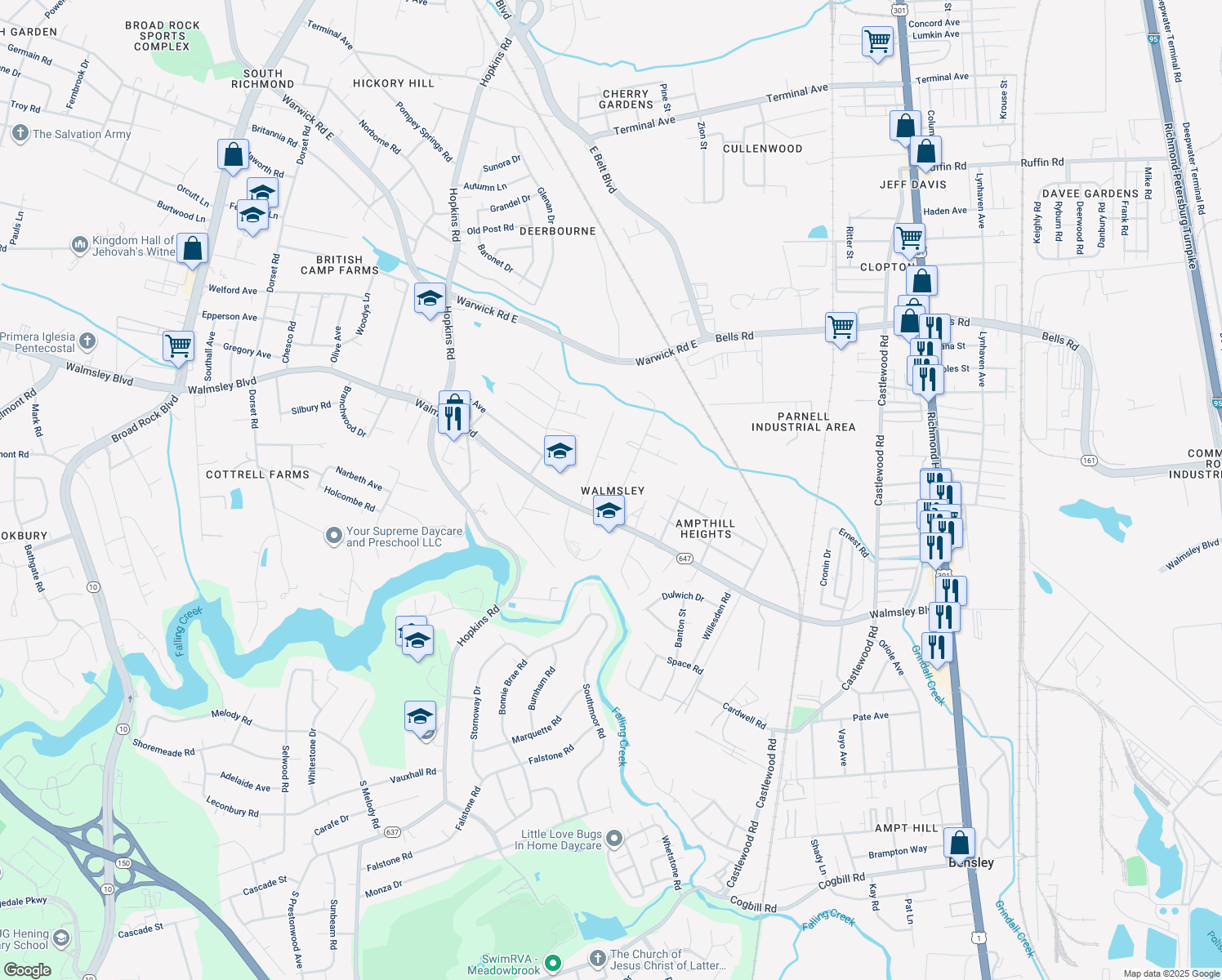 map of restaurants, bars, coffee shops, grocery stores, and more near 4416 Angus Rd in Richmond