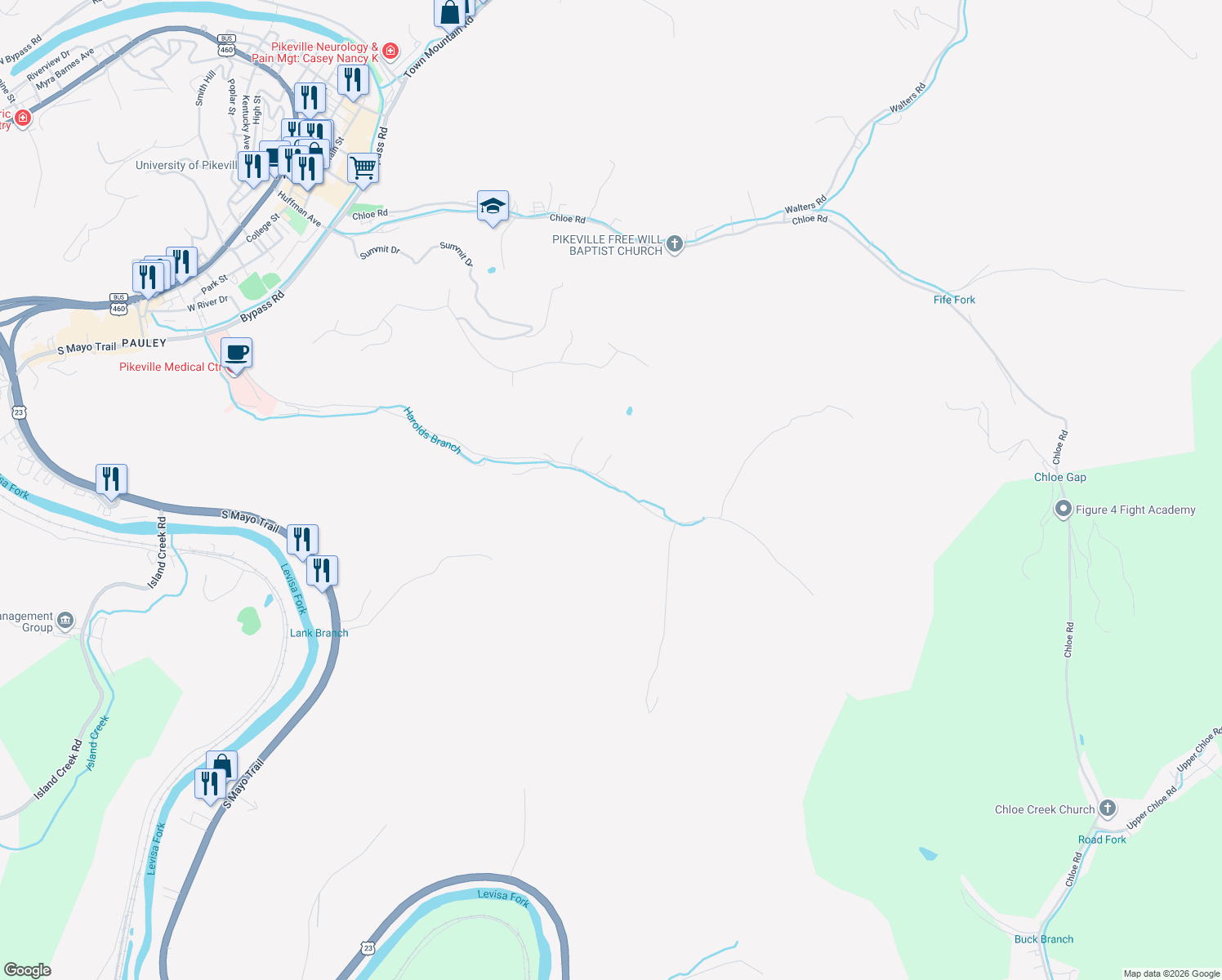 map of restaurants, bars, coffee shops, grocery stores, and more near 564-614 Harolds Branch in Pikeville