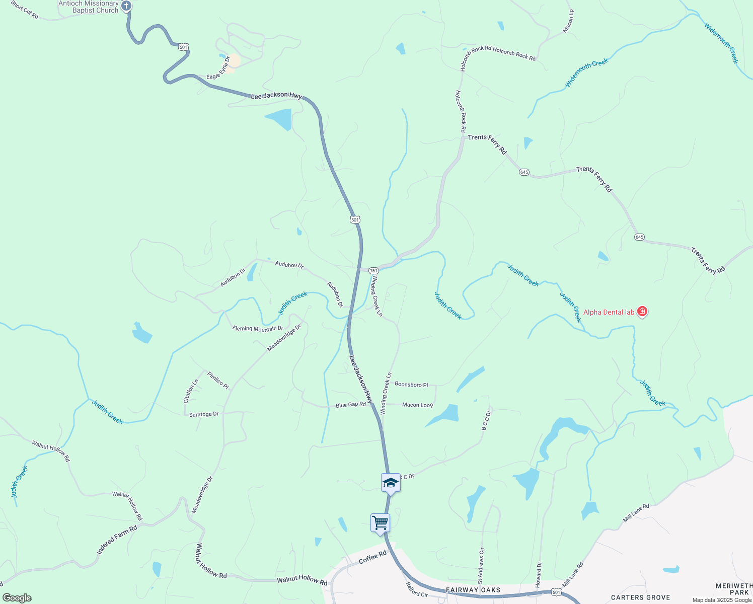 map of restaurants, bars, coffee shops, grocery stores, and more near 1621 Winding Creek Lane in Lynchburg