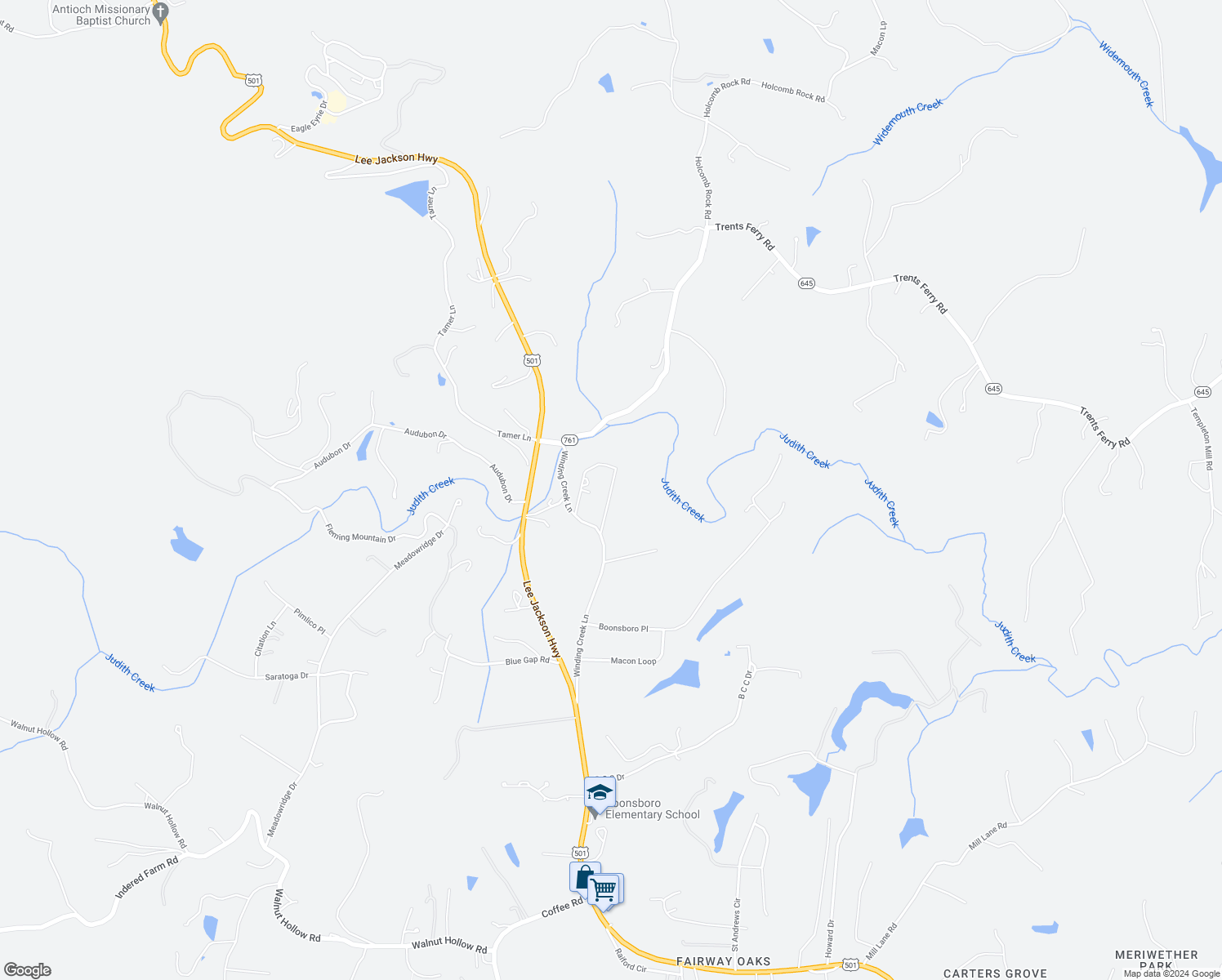 map of restaurants, bars, coffee shops, grocery stores, and more near Meriwether Circle in Lynchburg