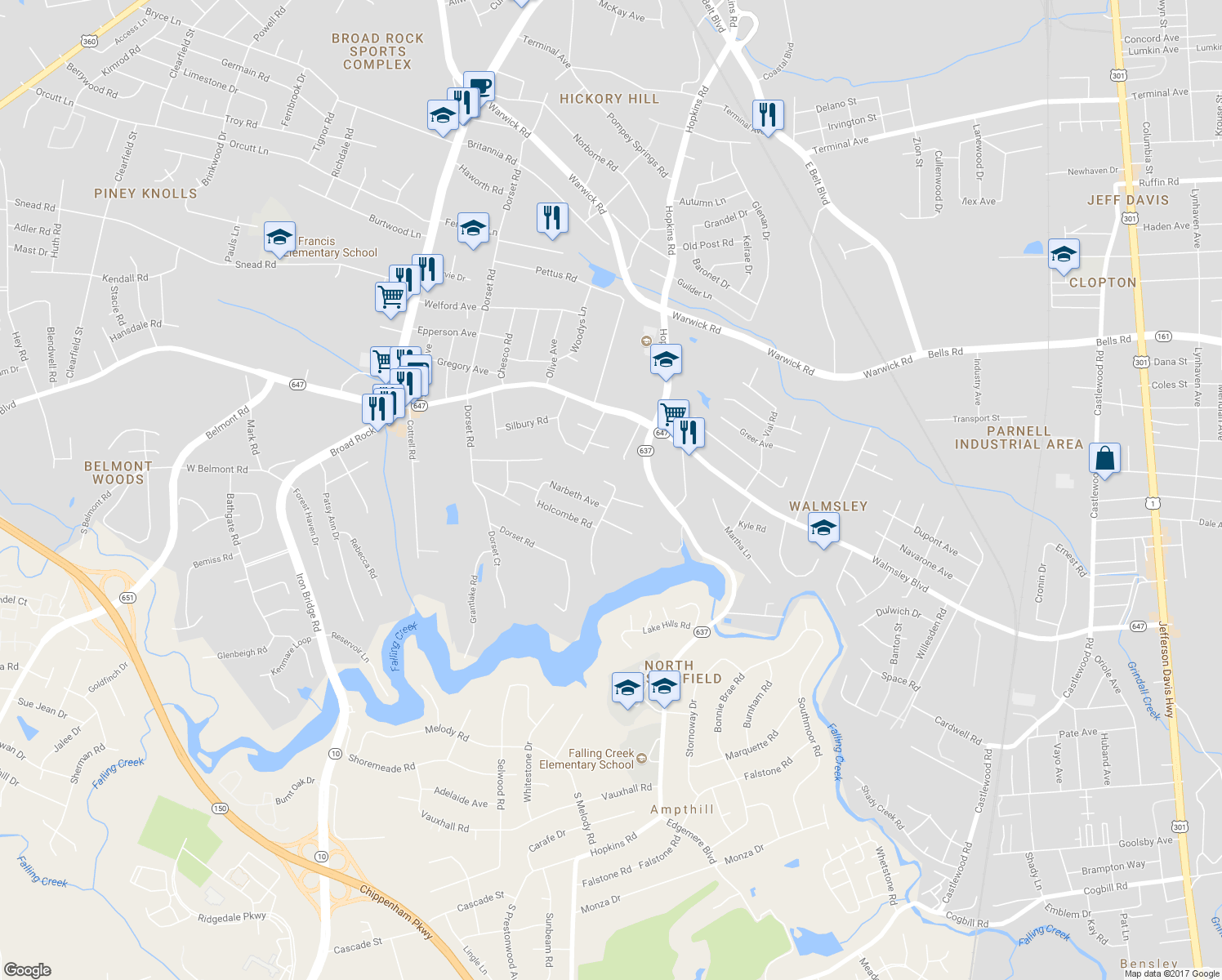 map of restaurants, bars, coffee shops, grocery stores, and more near 4101 Aracoma Drive in Richmond