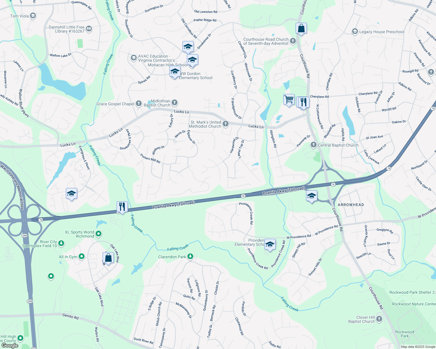 map of restaurants, bars, coffee shops, grocery stores, and more near 1524 Hardwood Terrace in Midlothian