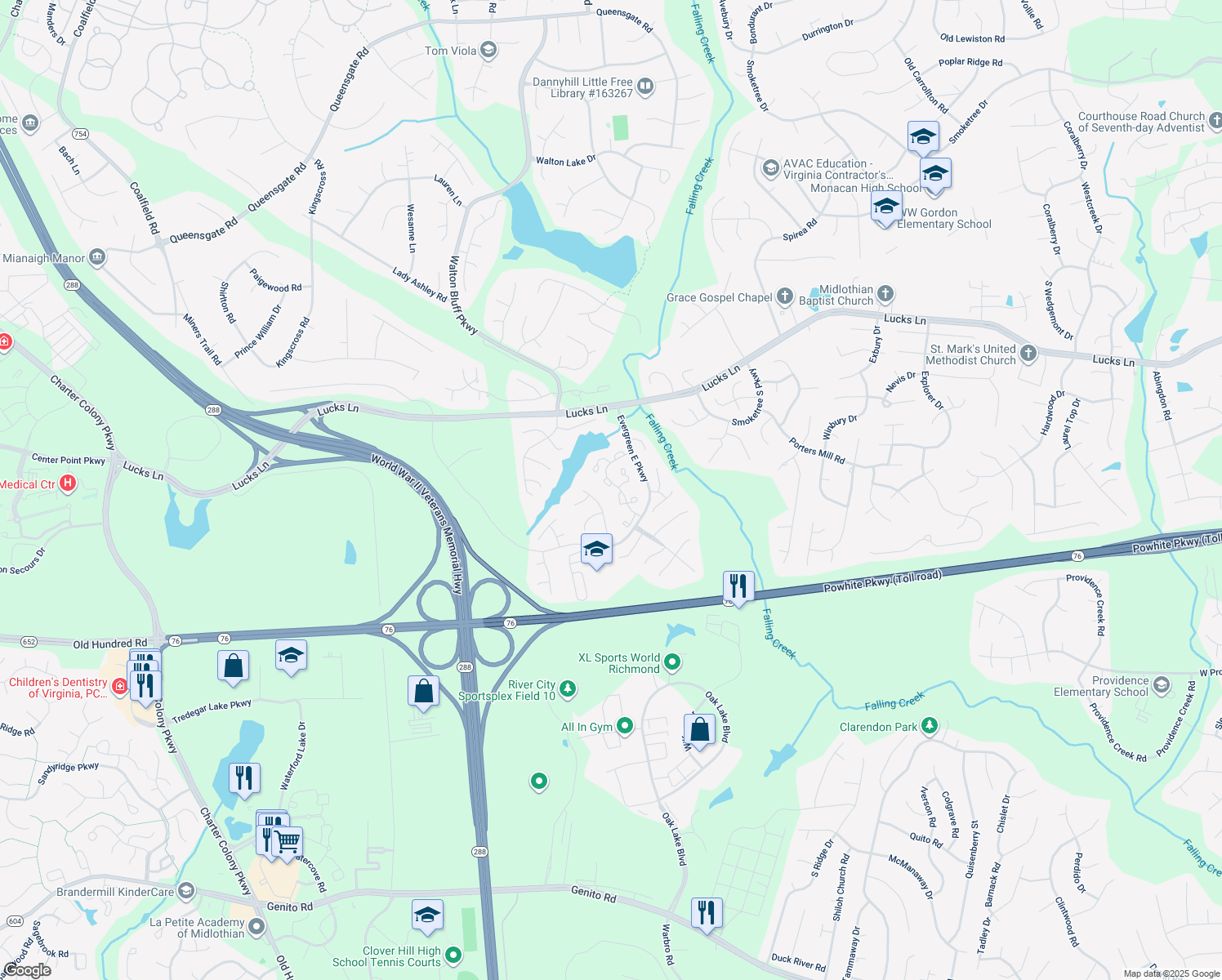 map of restaurants, bars, coffee shops, grocery stores, and more near 1416 Olde Lynne Court in Midlothian