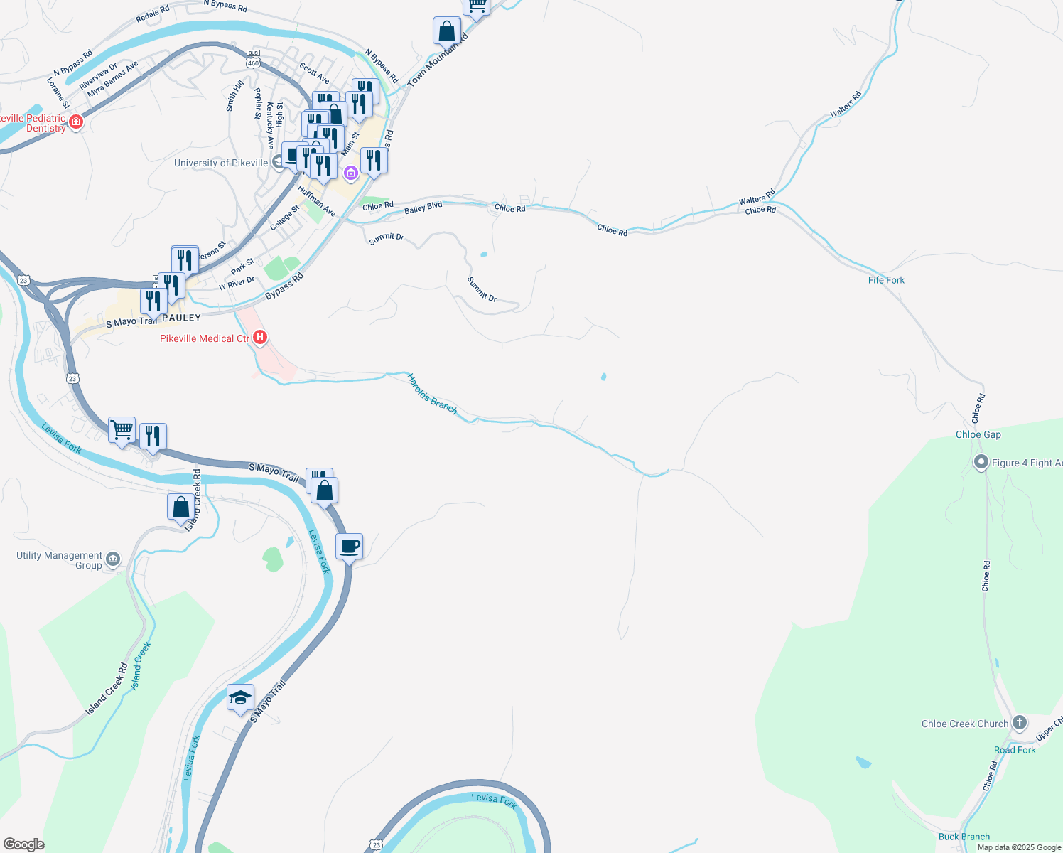 map of restaurants, bars, coffee shops, grocery stores, and more near 100 Granite Drive in Pikeville