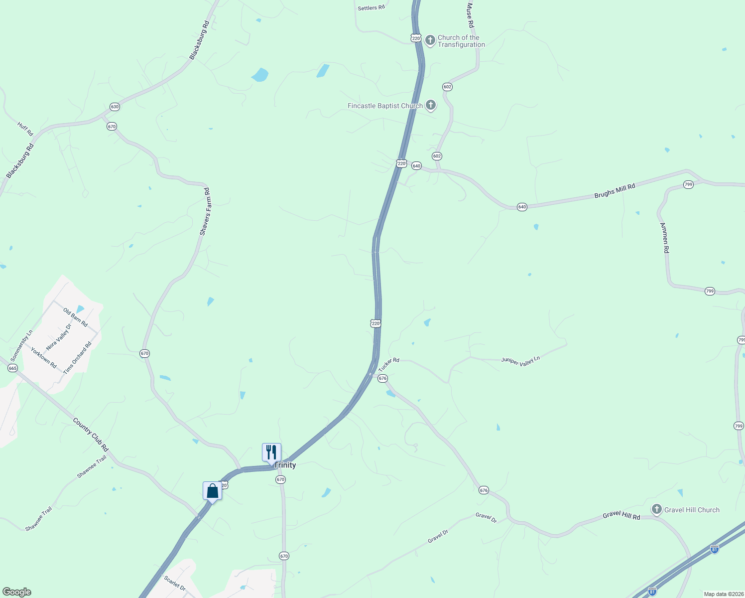 map of restaurants, bars, coffee shops, grocery stores, and more near 6457 Roanoke Road in Fincastle