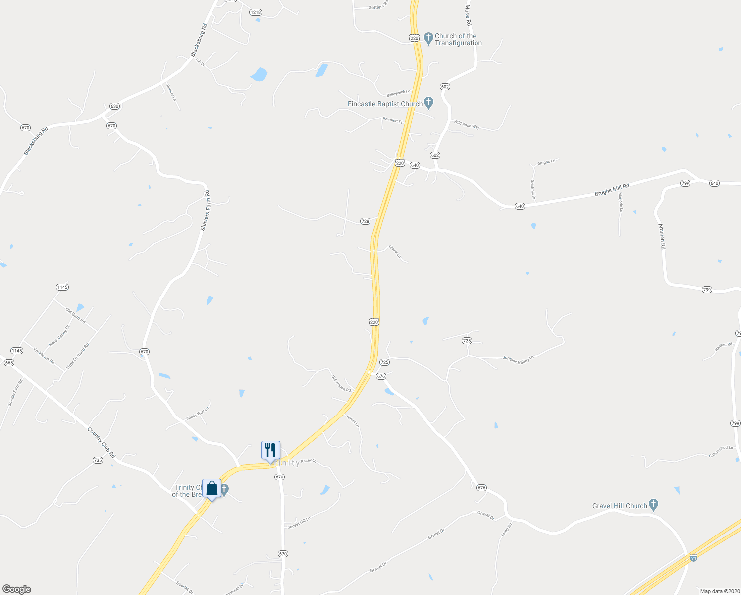 map of restaurants, bars, coffee shops, grocery stores, and more near 6457 Roanoke Road in Fincastle