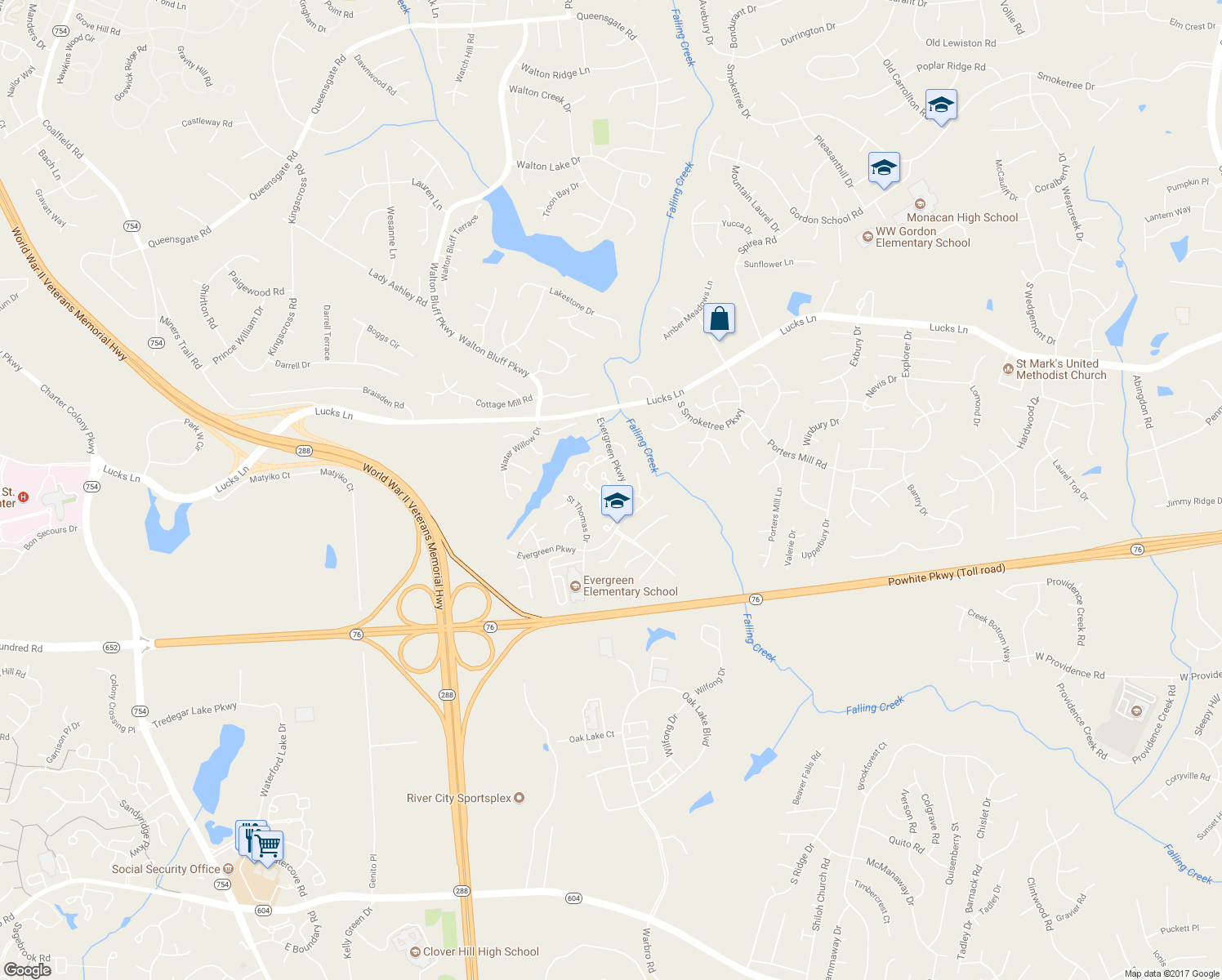map of restaurants, bars, coffee shops, grocery stores, and more near 1427 Groton Court in Midlothian