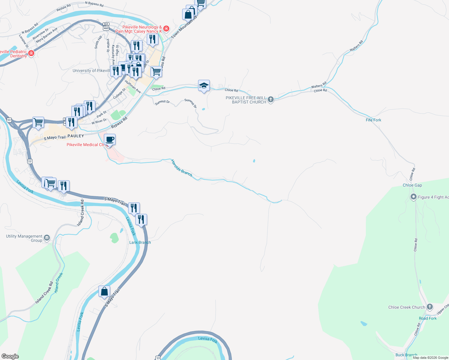 map of restaurants, bars, coffee shops, grocery stores, and more near 138 Granite Drive in Pikeville