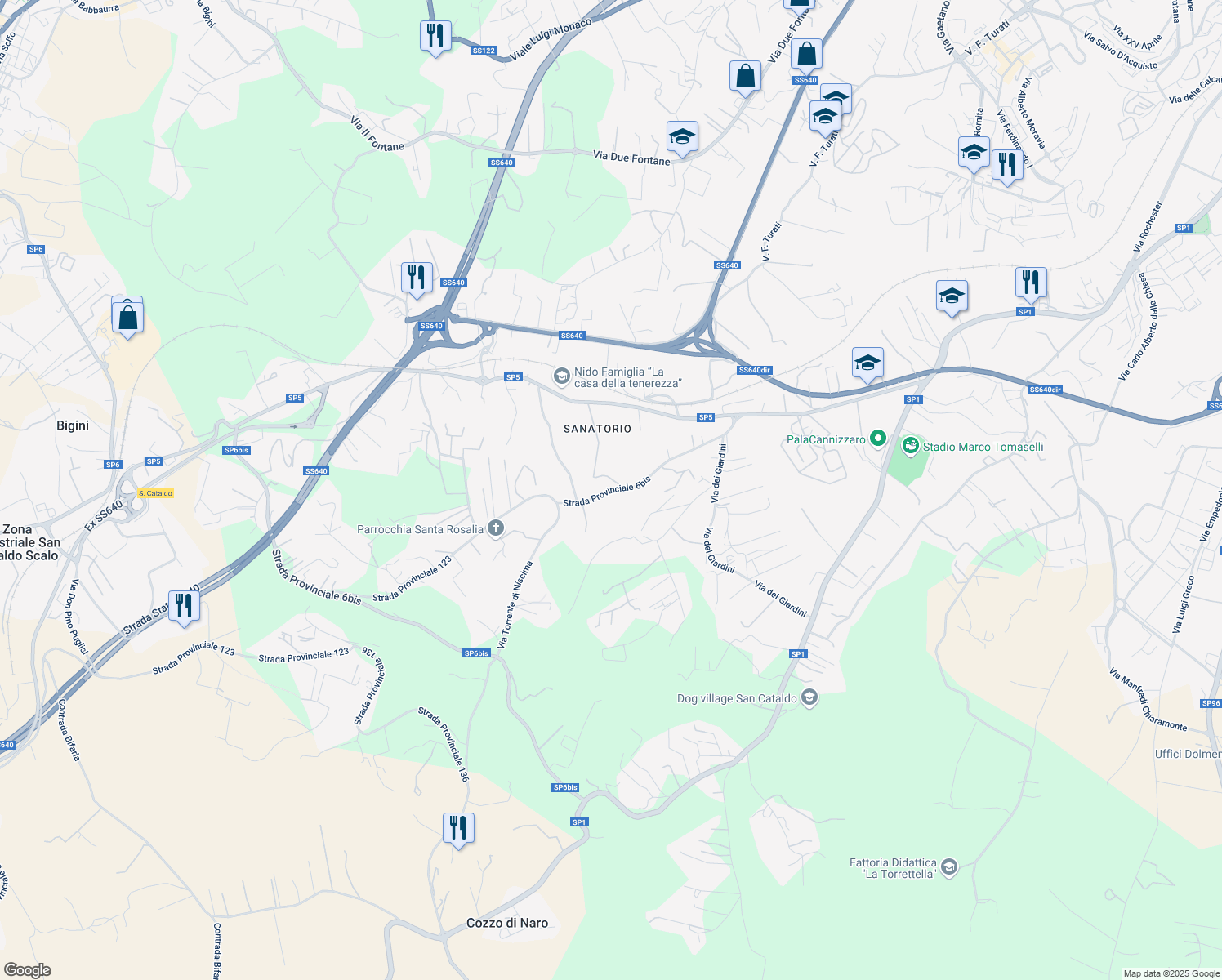 map of restaurants, bars, coffee shops, grocery stores, and more near in Free municipal consortium of Caltanissetta