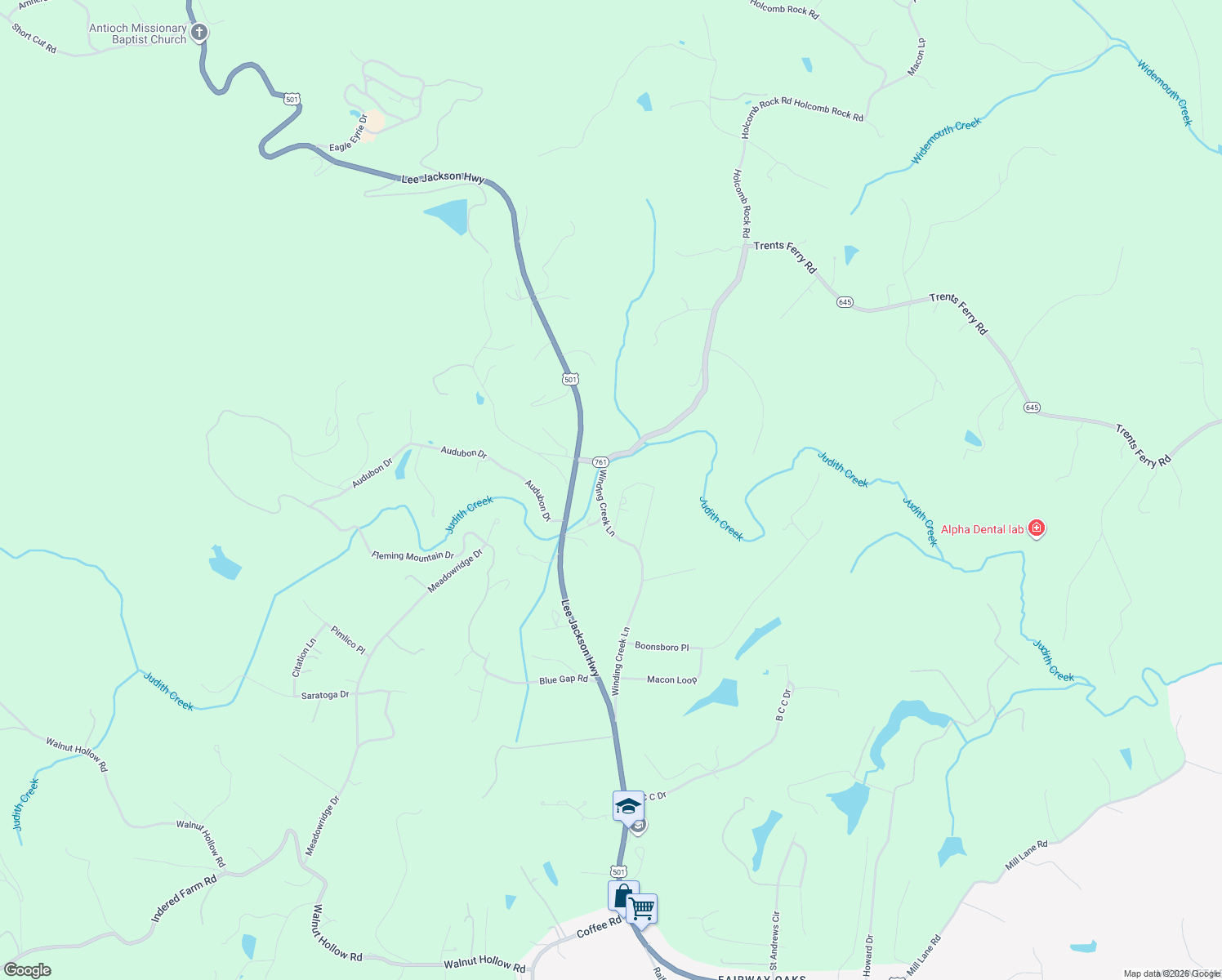 map of restaurants, bars, coffee shops, grocery stores, and more near 1621-1699 Winding Creek Lane in Lynchburg