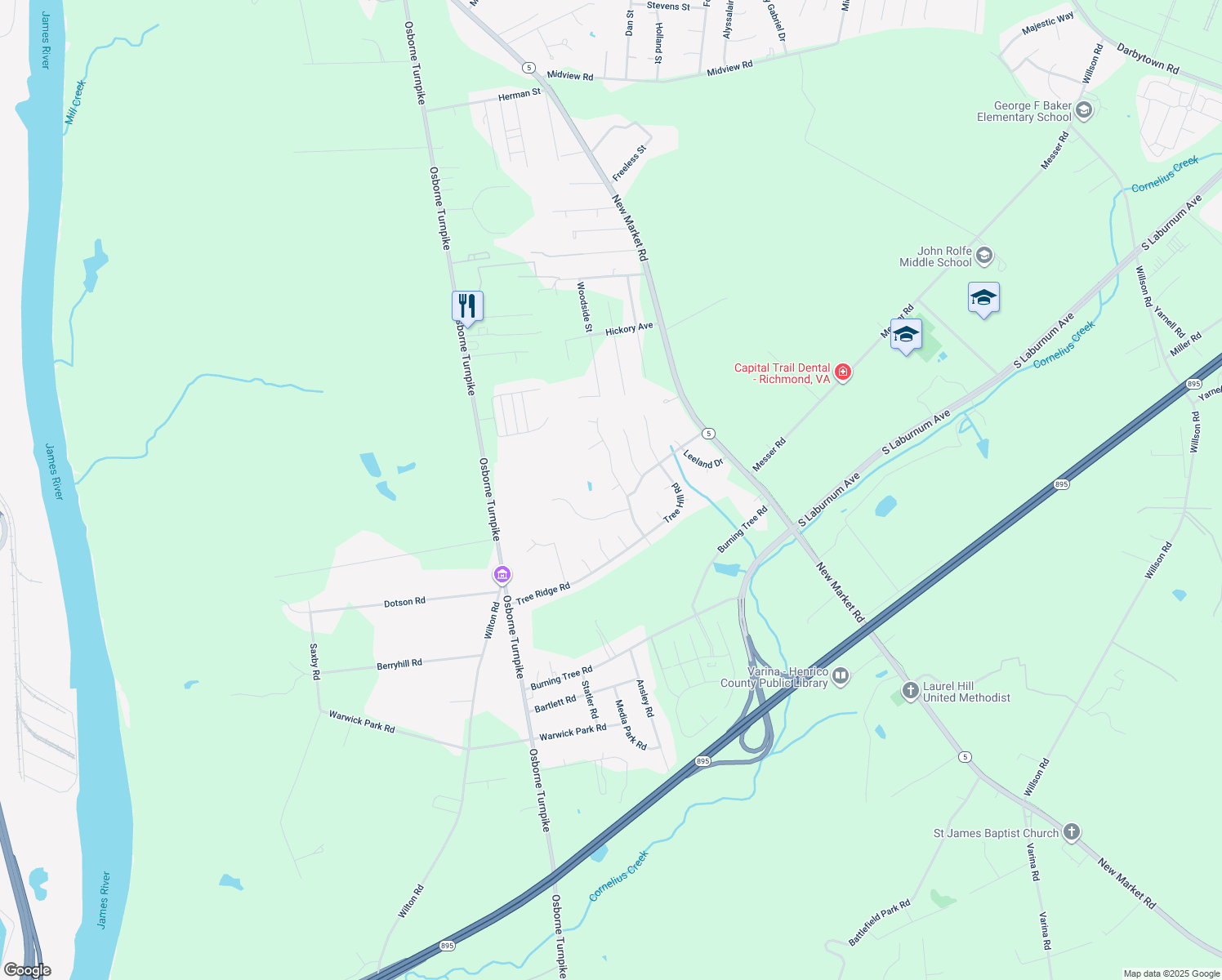 map of restaurants, bars, coffee shops, grocery stores, and more near 1401 Bogle Court in Henrico