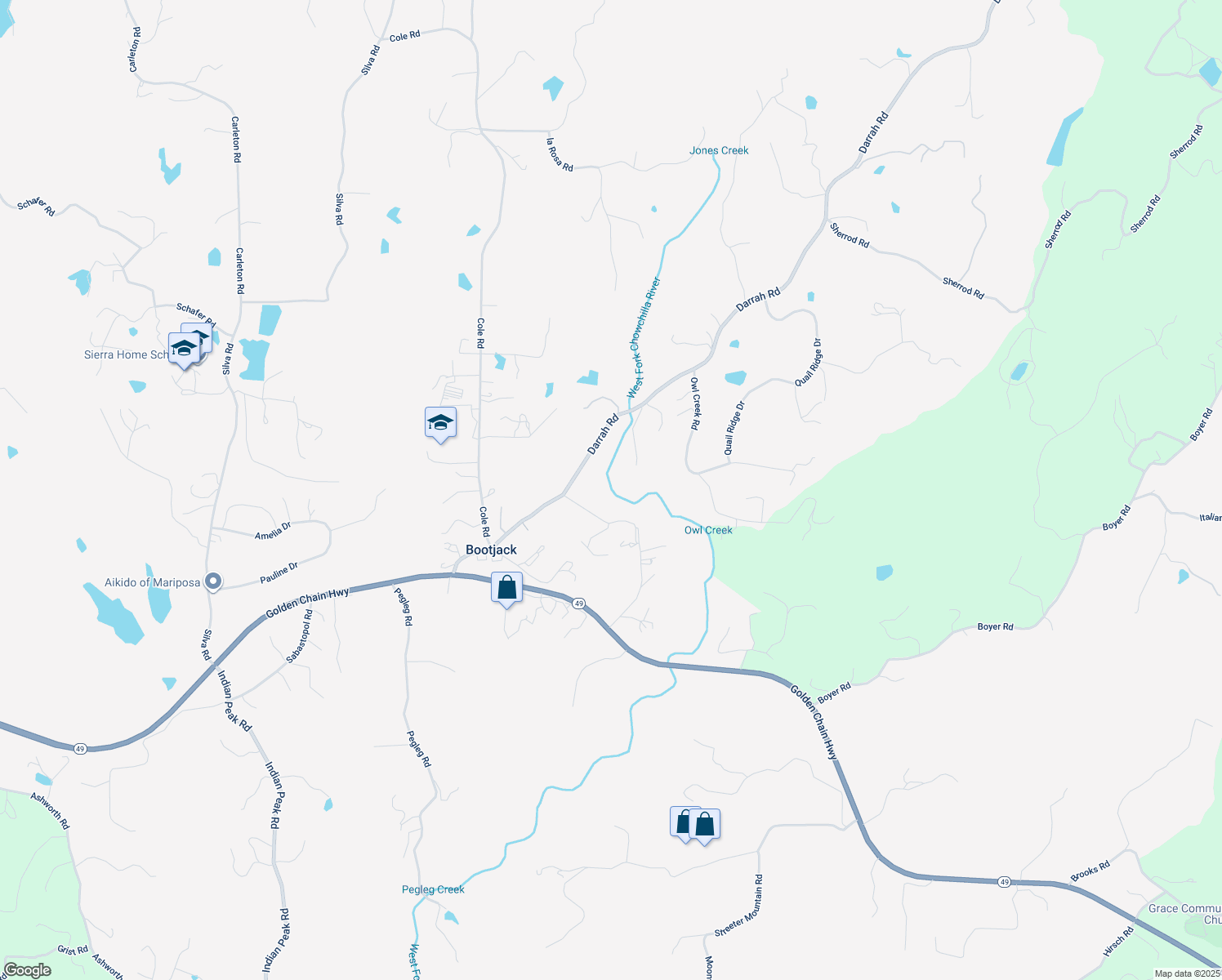 map of restaurants, bars, coffee shops, grocery stores, and more near 5128 Darrah Road in Mariposa
