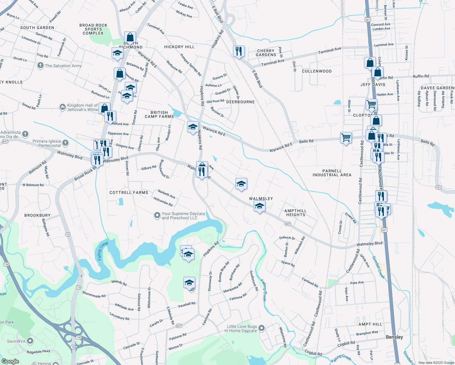 map of restaurants, bars, coffee shops, grocery stores, and more near 3711 Rusk Avenue in Richmond