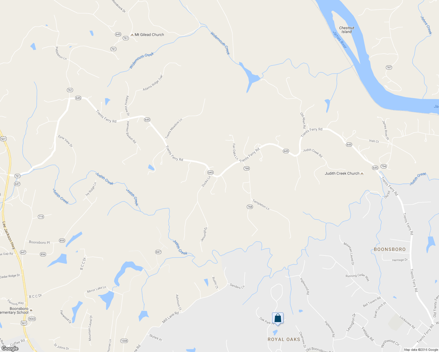 map of restaurants, bars, coffee shops, grocery stores, and more near 2699 Trents Ferry Road in Lynchburg