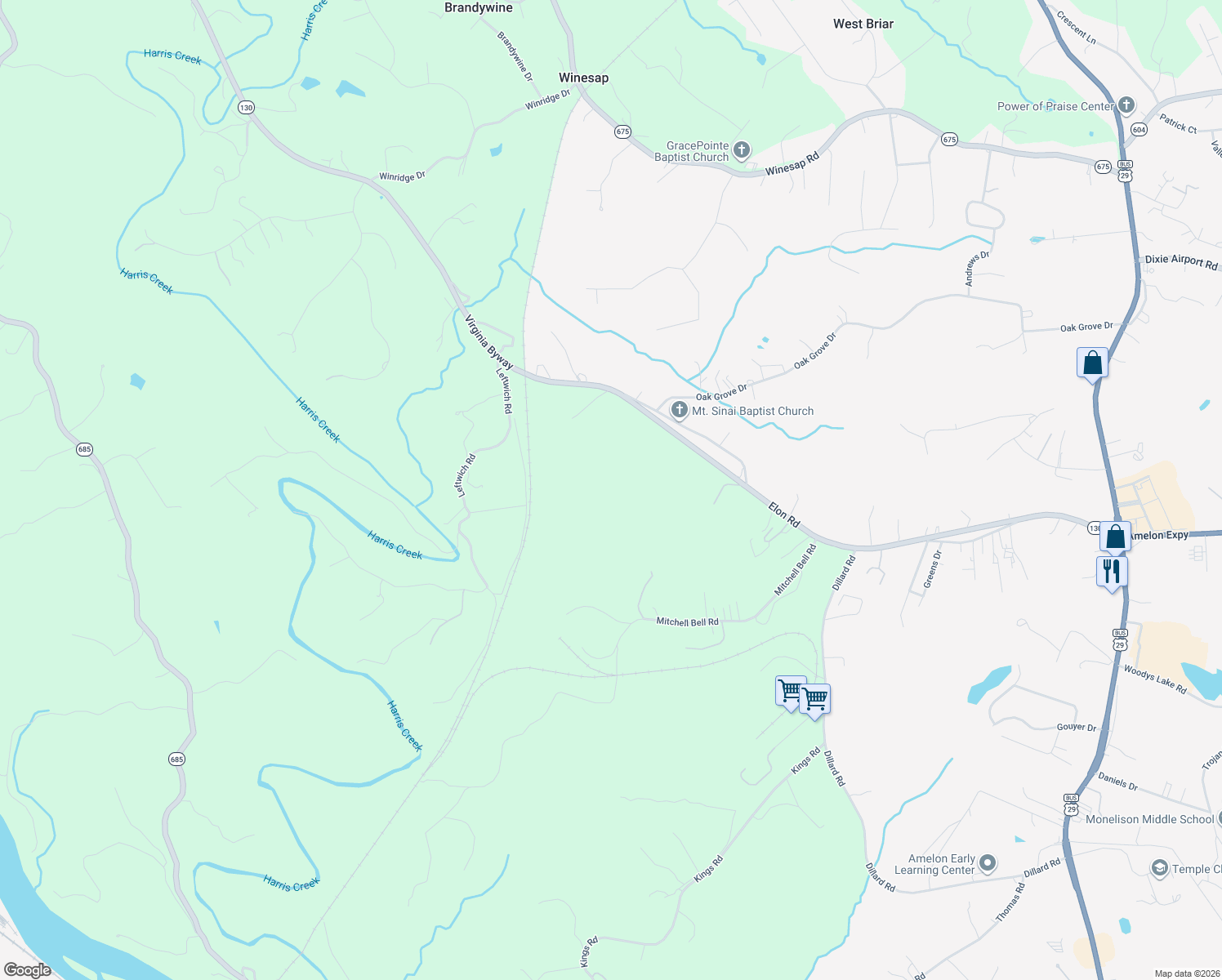 map of restaurants, bars, coffee shops, grocery stores, and more near 687 Elon Road in Madison Heights