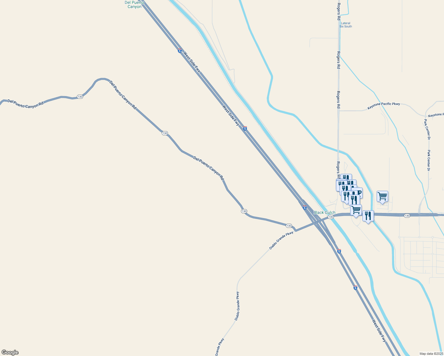 map of restaurants, bars, coffee shops, grocery stores, and more near Del Puerto Canyon Road in Patterson